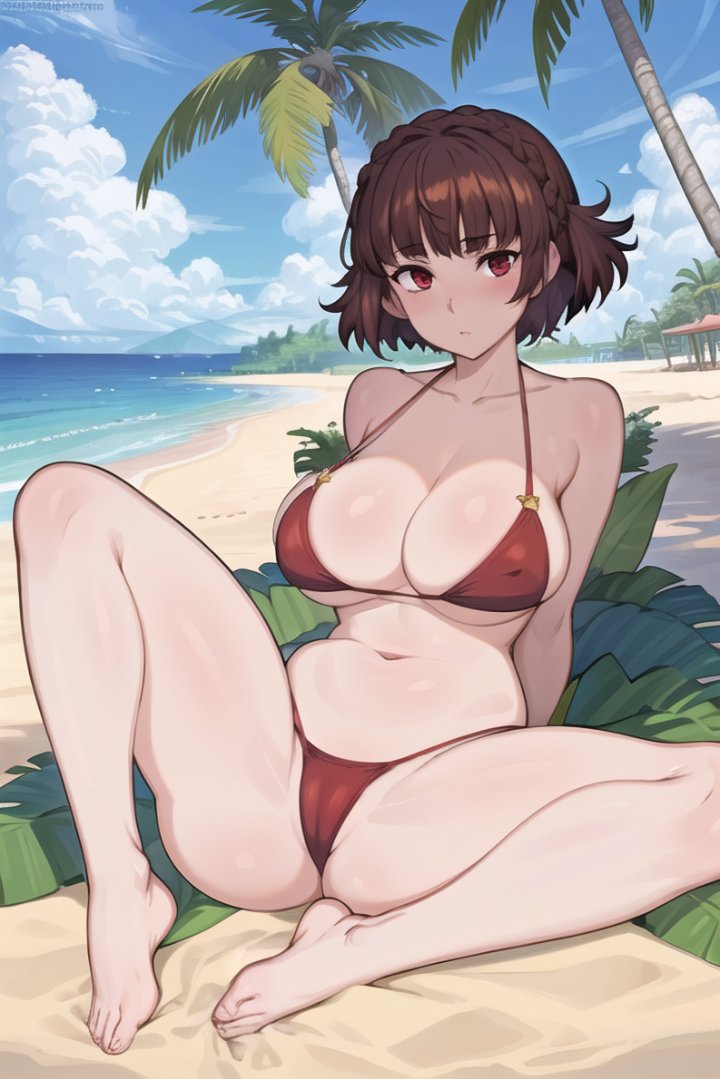 1girls, ai generated, beach, bikini, brown hair, female, light skin, light-skinned female, makoto niijima, persona, persona 5, red bikini, red eyes, stable diffusion, tagme