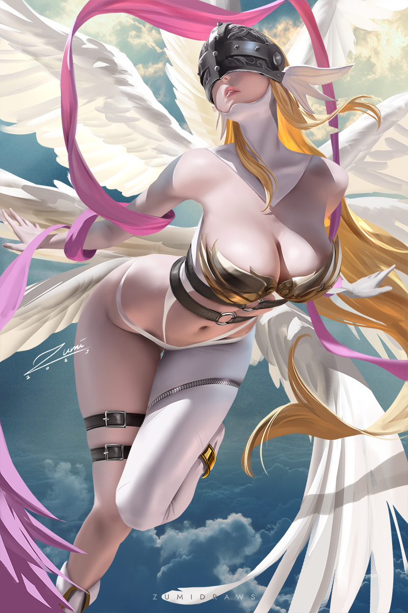 1girls 2023 8_wings absurd_res angel angel_wings angewomon asymmetrical_clothes big_breasts blonde_hair breasts cleavage digimon digimon_(species) female female_only flying helmet large_breasts light-skinned_female long_hair pale-skinned_female pinup solo solo_female solo_focus thick_thighs wings zumi