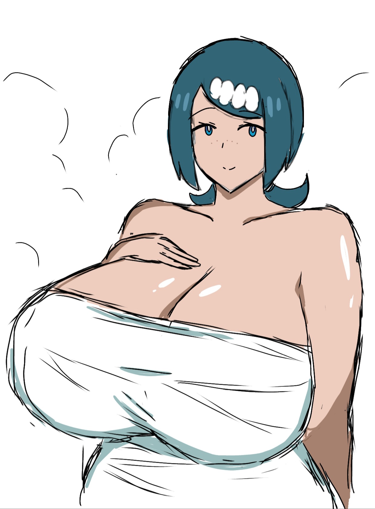 1girls, blue eyes, blue-eyed female, breasts, breasts bigger than head, female, huge breasts, lana's mother (pokemon), milf, mob face, momiji (artist), pokemon, pokemon sm, pokemon sm (anime), venus body, white background