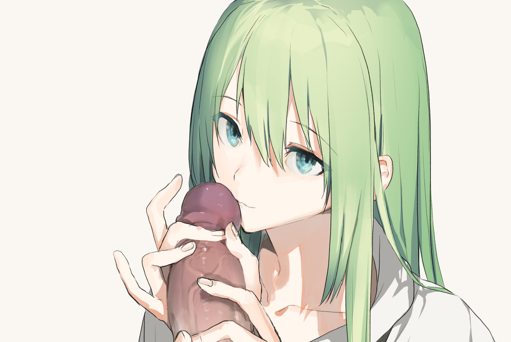 1boy 1other androgynous bangs closed_mouth clothed_sex enkidu_(fate) erection eyes_visible_through_hair fate/grand_order fate_(series) girly green_eyes green_hair hair_between_eyes handjob kaimuari kissing_penis light_smile long_hair looking_at_viewer male_only oral other_focus penis portrait pov robe simple_background solo straight_hair two-handed_handjob veins veiny_penis white_background white_robe