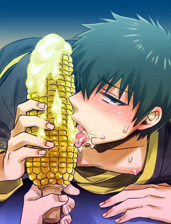 black_hair blue_eyes blush corn food food_fetish gintama hijikata_toshiro inukkoro kimono looking_at_viewer male male_focus mayonnaise nipple_slip official_alternate_costume on_stomach phallic_symbol pov sexually_suggestive solo_focus sweatdrop tongue_out