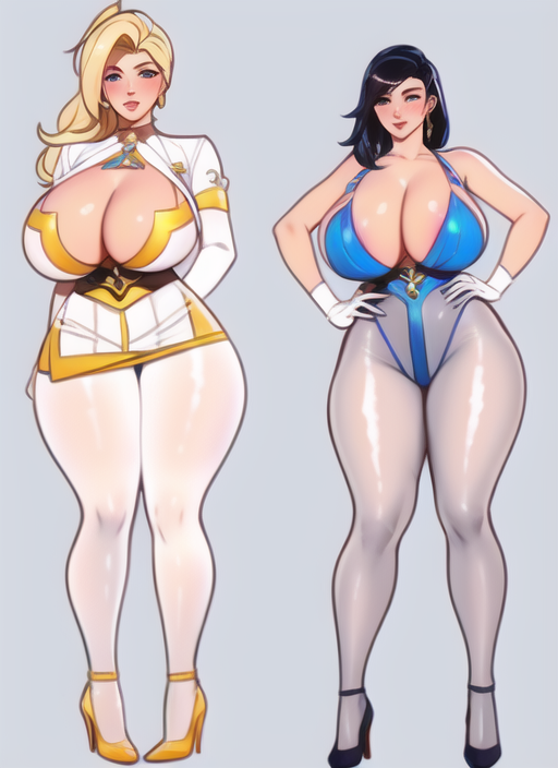 2girls ai_generated black_hair black_high_heels blonde_hair blue_clothing blush curvy curvy_figure female female_only gold_high_heels high_heels huge_breasts huge_hips long_hair looking_at_viewer nai_diffusion pantyhose shiny_clothes shiny_hair shiny_skin stable_diffusion thick_thighs voluptuous white_clothing wide_hips