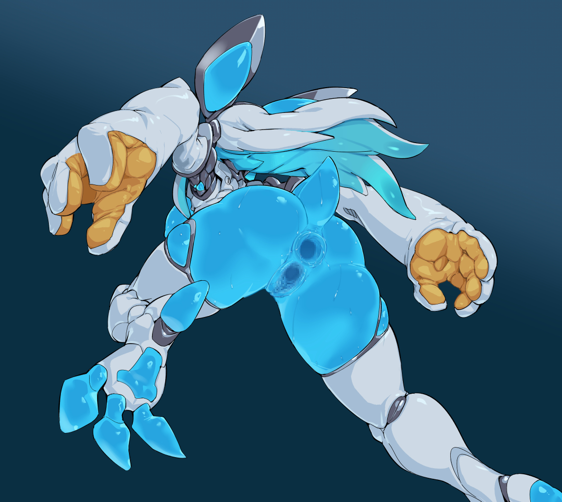 1girls, anal juice, android, animal ears, anus, aqua hair, ass, back, blue anus, blue pussy, blue skin, breasts, bunny ears, bunny tail, censored, colored skin, female, gaping, gaping anus, gaping pussy, hi res, high resolution, highres, hybrid, looking at penis, male, mosaic censoring, multicolored hair, one leg up, original, penis, pochincoff, pussy, pussy juice, robot, robot girl, silver hair, sweat, sweatdrop, tail, tail asshole, translucent, two-tone hair, una (pochincoff), wet, white hair