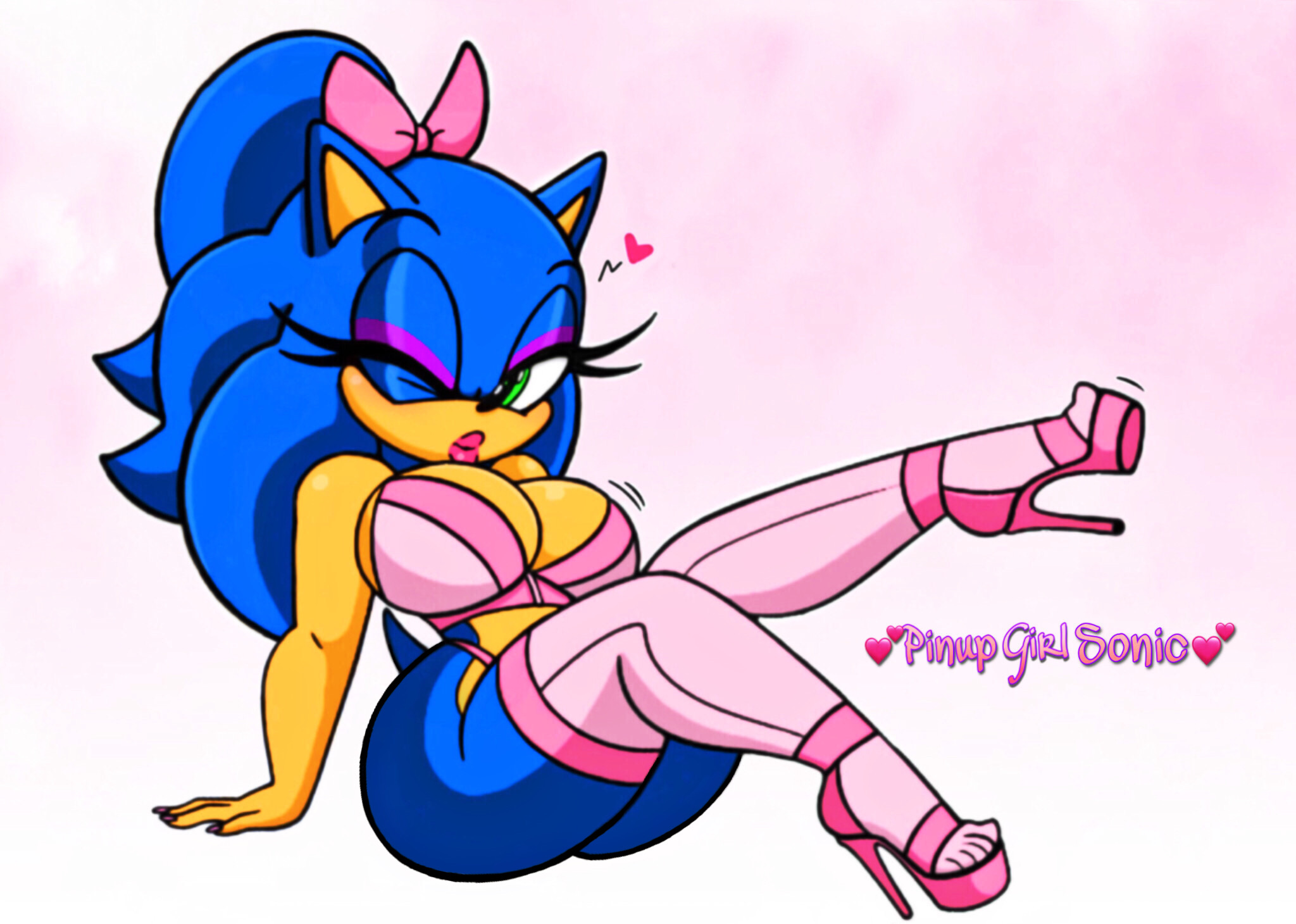 1girls, after transformation, anthro, bimbo, bow, bra, curvy, edit, female, female only, feminine pose, furry, high heels, lingerie, looking at viewer, panties, pinup, pinup pose, post-transformation, rule 63, solo, solo female, sonic (series), sonic the hedgehog, sonic the hedgehog (series), sonique the hedgehog, stiletto heels, thighhighs, transformation, voluptuous, wink, winking