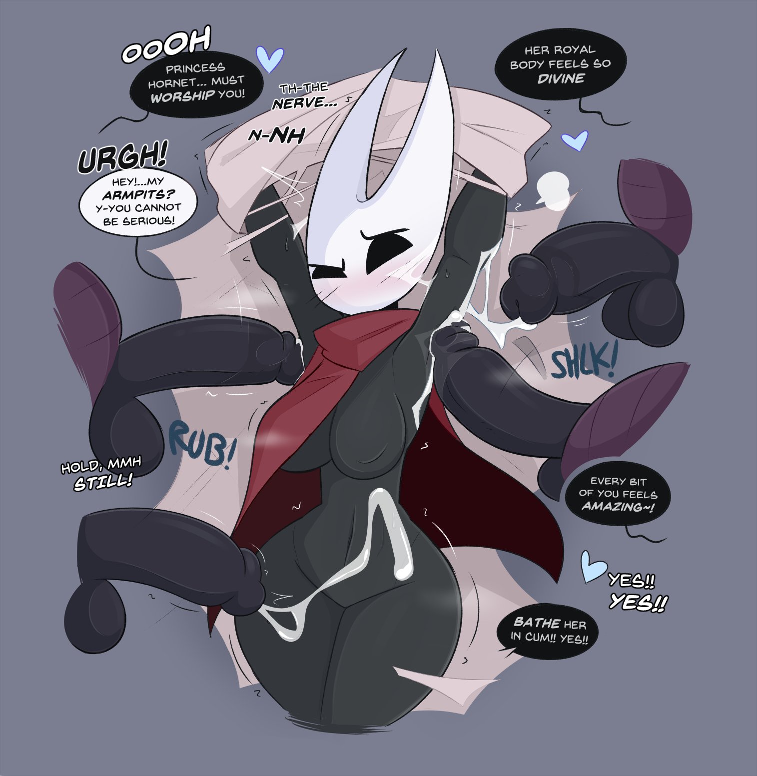1girls, 2d, 4boys, armpit sex, armpits, arms up, big breasts, black eyes, black skin, black-skinned female, blush, bondage, breasts, cape, cum, cum on armpit, female, gangbang, heart, hollow knight, hornet (hollow knight), kilinah, male, nipples, nude, rape, restrained, text, thick thighs