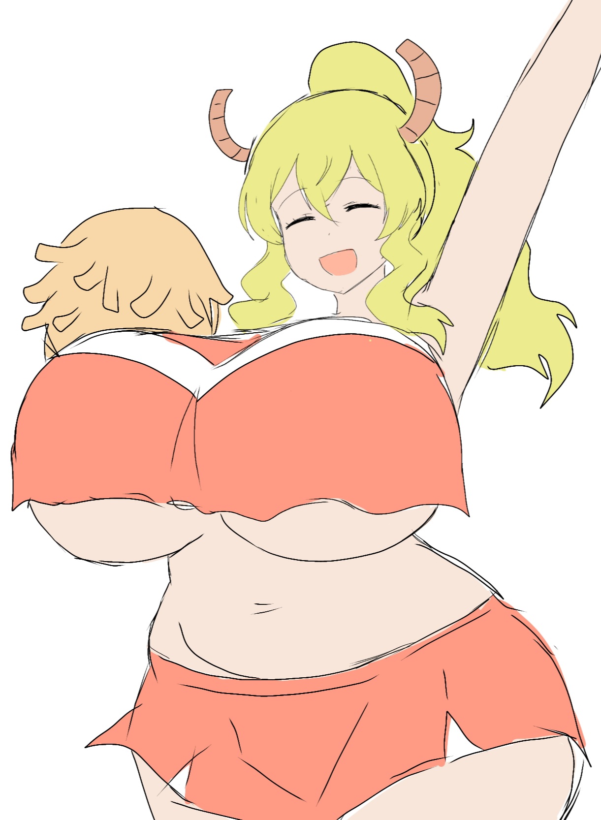1girls, armpits, blonde hair, breasts, cheerleader, cheerleader uniform, chubby, female, kobayashi-san chi no maidragon, large breasts, long hair, momiji (artist), pom poms, pose, quetzalcoatl (dragon maid), thick thighs
