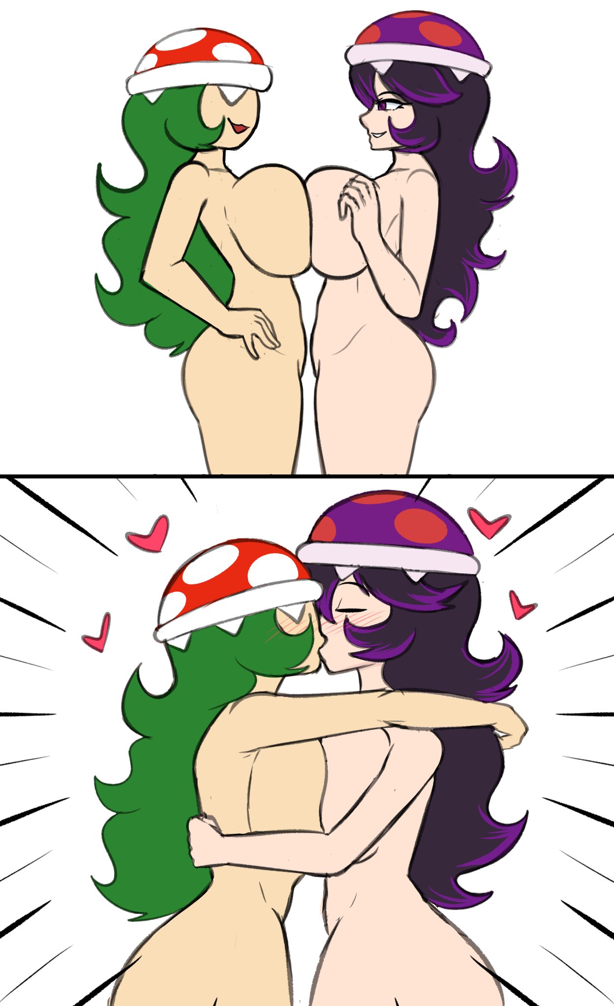 2_panel_comic 2girls alternate_version_available ass big_ass big_breasts big_butt big_thighs blush breasts breasts_to_breasts butt closed_eyes dodo-bot duo female female_only green_hair hands_on_hips hearts hug hugging kiss kissing light-skinned_female light_skin long_hair mario_(series) multiple_girls naked nintendo nude pale-skinned_female pale_skin piranha_plant piranha_plant_girl pressing_breasts_together purple_eyes purple_hair side_view sideboob solo tagme thick thick_ass thick_butt thick_thighs white_background yuri