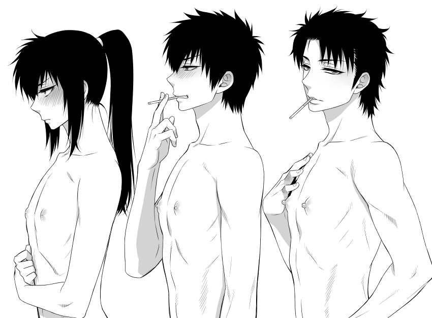 age_progression aged_down aged_up bishonen blush cigarette embarrassed erect_nipples gintama gintama:_be_forever_yorozuya hijikata_toshiro inukkoro inverted_nipples long_hair long_hair_male looking_at_viewer male male_only monochrome nipple_growth official_alternate_hairstyle ponytail profile smoking solo teenager toned toned_male topless topless_male twink