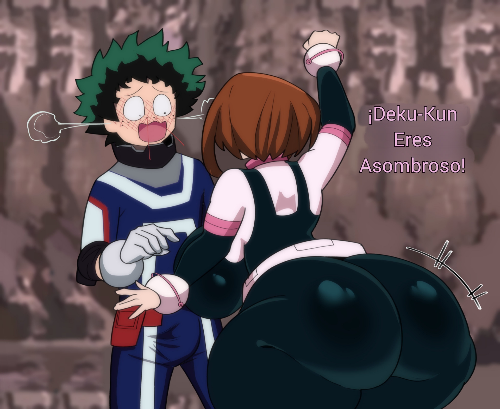 1boy, 1girls, ass, ass focus, big ass, bodysuit, bubble ass, bubble butt, edit, female, gloves, green eyes, green hair, hero outfit (mha), huge ass, huge butt, izuku midoriya, large ass, large butt, male, midoriya izuku, my hero academia, nsf wario, ochako uraraka, ochako uraraka (hero outfit), short hair, skin tight, spanish text, standing, text, thick ass, thick thighs, uraraka ochako, uraraka ochako (hero outfit), venus body