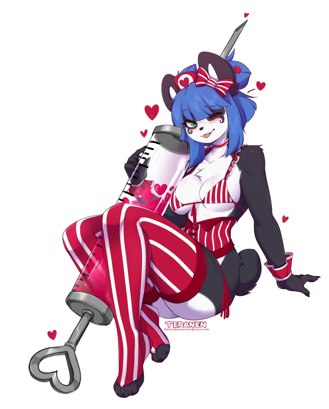 anthro, big breasts, blep, blue hair, blunt bangs, breasts, cleavage, clothing, female, fur, furry, furry only, heart, nuwa nightstone, one eye closed, original, panda, solo, tail, teranen, thick thighs, thighhighs, tongue, tongue out, wide hips, wink