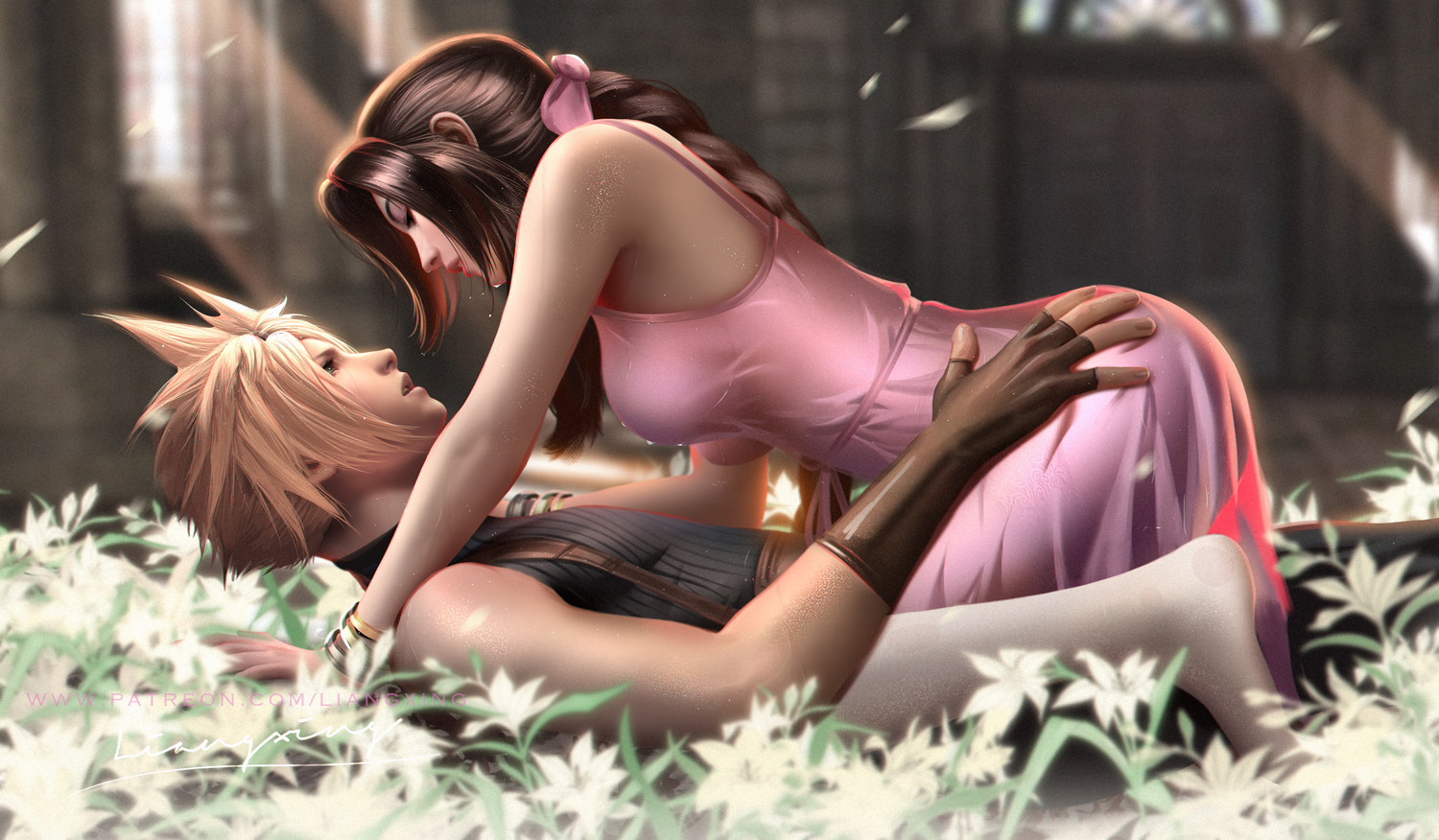 1boy, 1girls, aerith gainsborough, ass, ass grab, blonde hair, cloud strife, cowgirl position, face-to-face, female, female on top, final fantasy, final fantasy vii, final fantasy vii remake, flowers, hand on ass, liang xing, lying on back, lying on floor, male, male/female, parted lips, pink dress, romantic, sensual, smooth skin, straight, suggestive, suggestive pose, wet, wet clothes, wet skin