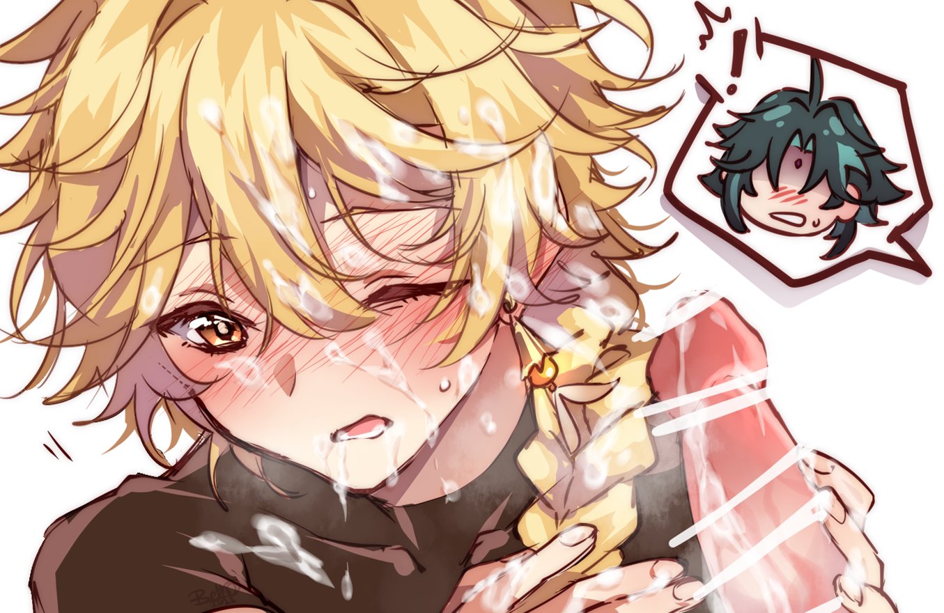 2boys, aether (genshin impact), bakumims, blonde hair, blush, censored, genshin impact, green hair, male, xiao (genshin impact), yaoi