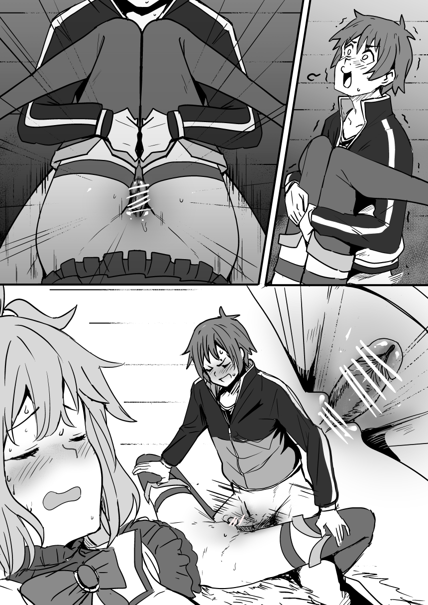 1boy 1girls aqua_(konosuba) bangs bar_censor blush boots bow bowtie censored clothed_sex female gem h2o_(ddks2923) happy highres jacket kono_subarashii_sekai_ni_shukufuku_wo! male monochrome open_mouth penis pussy satou_kazuma sex short_hair skirt straight thigh_boots trembling