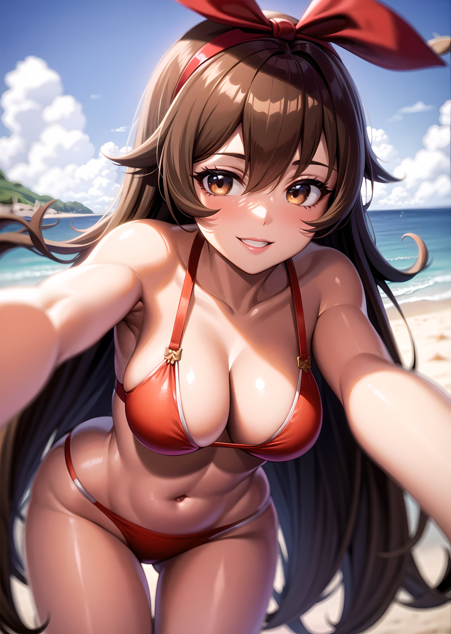 1girls, ai generated, amber (genshin impact), bikini, brown hair, curvaceous, curvy, curvy body, curvy female, curvy figure, female, genshin impact, long hair, red bikini, seductive eyes, seductive look, stable diffusion, voluptuous, voluptuous female, yellow eyes