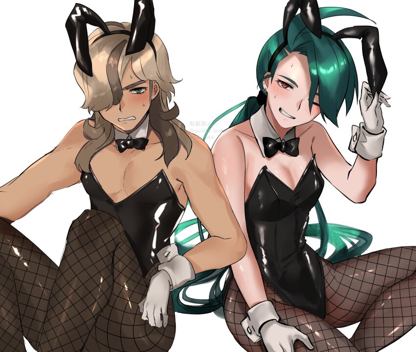 1boy, 1girls, arven (pokemon), asada sadao, both sexes in same situation, bunny ears, bunnysuit, embarrassed, female, femboy, green hair, male, pokemon, pokemon sv, rika (pokemon), uncensored