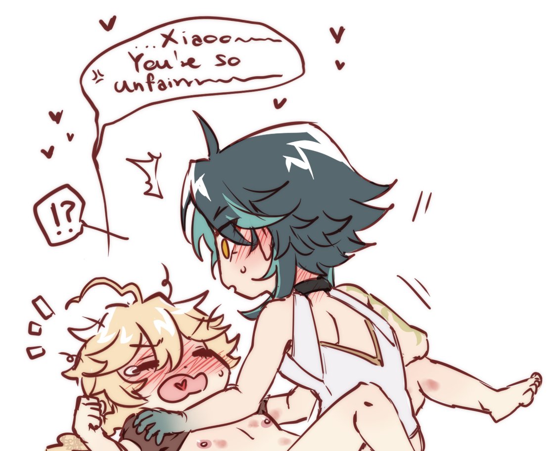 2boys, aether (genshin impact), bakumims, blonde hair, blush, chibi, genshin impact, green hair, male, male only, xiao (genshin impact), yaoi