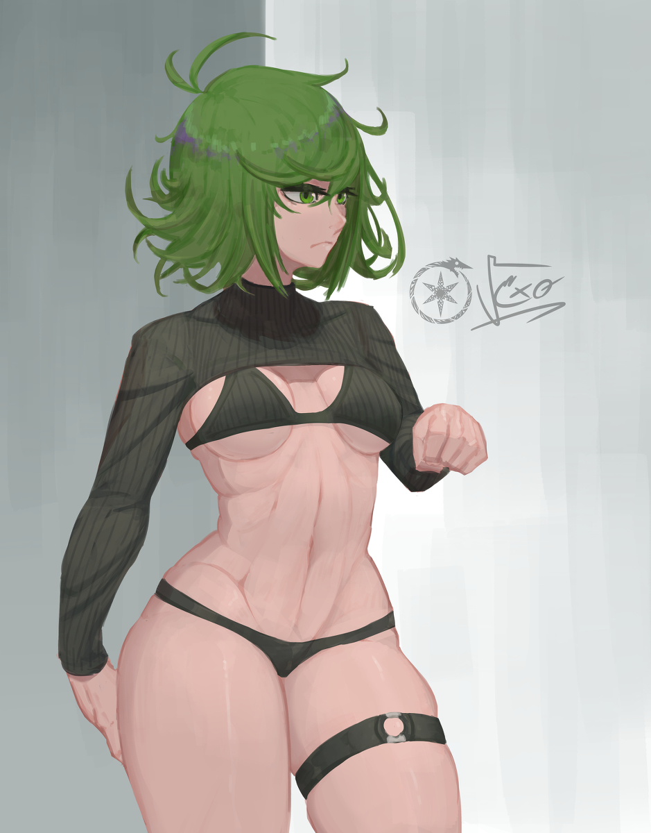 1girls, 2021, alternate costume, artist logo, artist signature, athletic, athletic female, black bra, black clothing, black g-string, black panties, bra, breasts, clothed, clothing, curvy, curvy female, curvy figure, female, female only, g-string, green eyes, green hair, grey background, light skin, light-skinned female, looking away, o-ring, one-punch man, ourobot, seductive, short hair, simple background, solo, solo female, solo focus, tatsumaki, thick thighs, thigh belt, thighs, turtleneck, turtleneck sweater, white background, wide hips