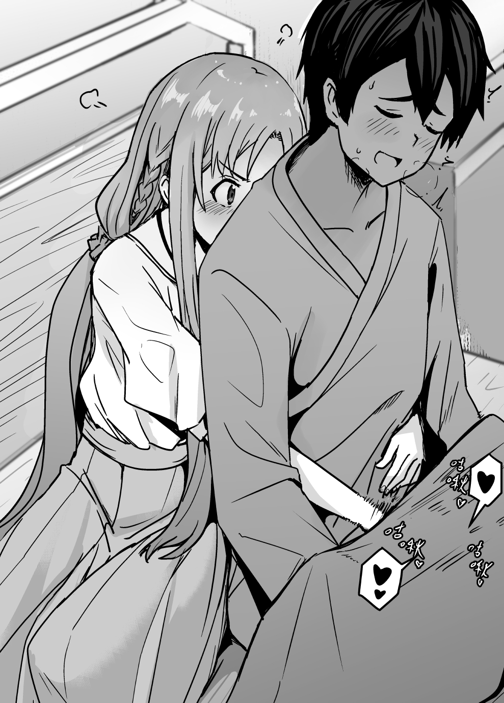 1boy bangs blanket blush braid collarbone couple female greyscale h2o_(ddks2923) hakama hakama_skirt handjob heart highres hug hug_from_behind japanese_clothes kirigaya_kazuto kirito long_hair long_sleeves monochrome open_mouth parted_bangs revision shirt shirt_tucked_in short_hair short_sleeves sitting skirt spoken_heart stealth_handjob stealth_sex straight sword_art_online yuuki_asuna