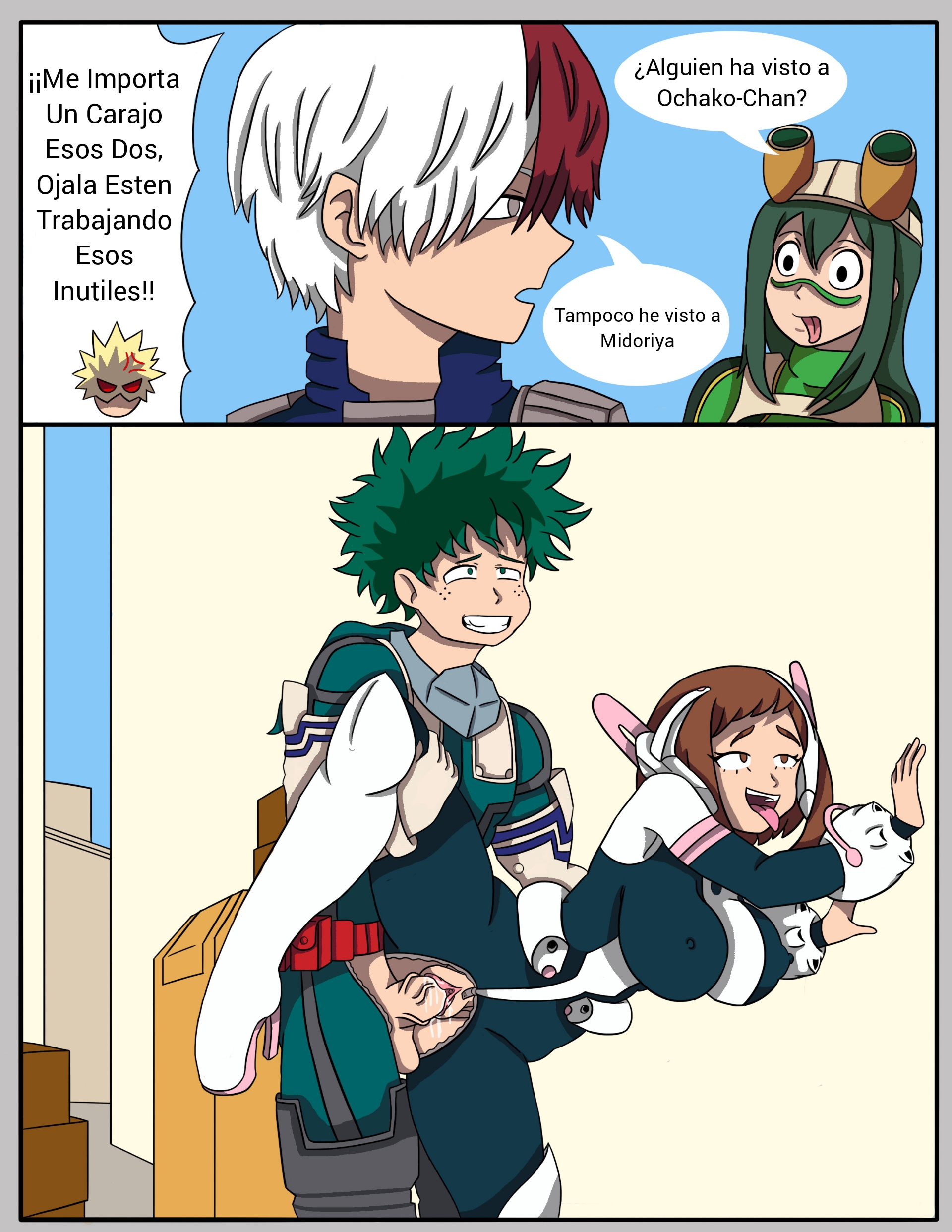 2boys, 2girls, bakugou katsuki, breasts, brown eyes, brown hair, couple, couple sex, curly hair, edit, female, green eyes, green hair, hero outfit (mha), heroine, izuku midoriya, izuku midoriya (hero outfit), katsuki bakugou, leg lift, male, midoriya izuku, midoriya izuku (hero outfit), my hero academia, nahual13, ochako uraraka, ochako uraraka (hero outfit), pussy, shouto todoroki, spanish text, standing sex, text, todoroki shouto, tongue, tongue out, tsuyu asui, uraraka ochako, uraraka ochako (hero outfit), vaginal penetration, vaginal sex