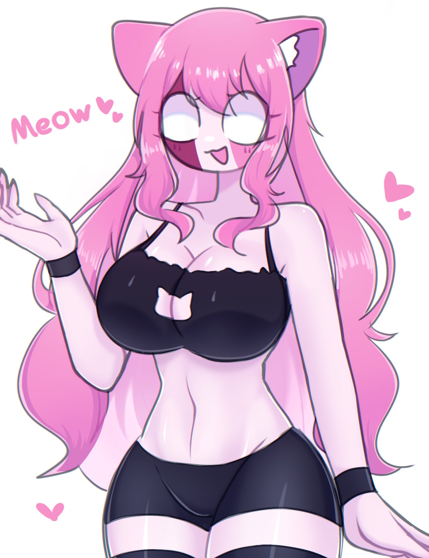 1girls, big breasts, black short shorts, breasts, cat ears, cat keyhole bra, female, friday night funkin, pink hair, sarvente, sarvente (dokki.doodlez), sarvente (friday night funkin), short shorts, solo, tagme, thighhighs, yume0534