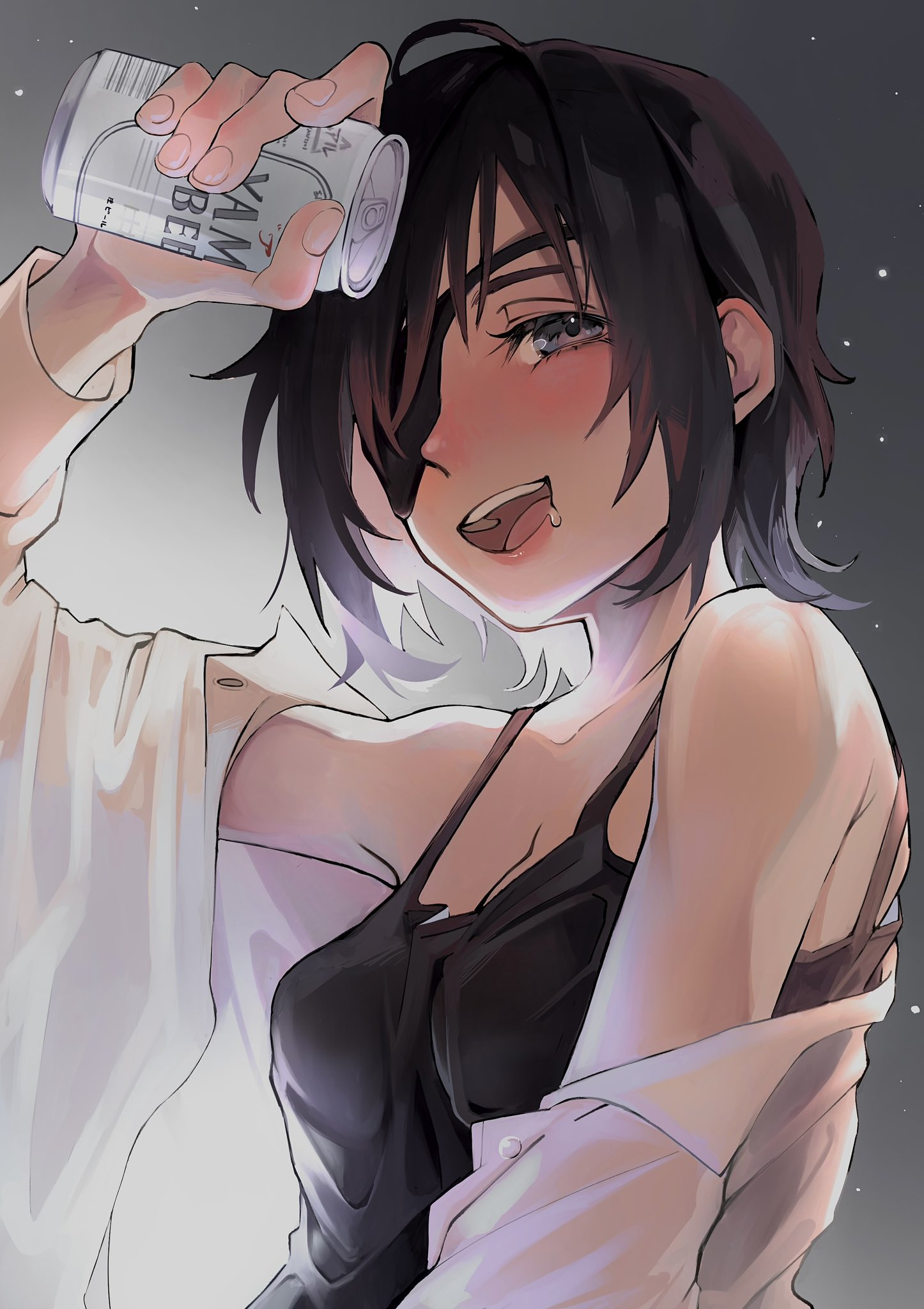 1girls, bare shoulders, beer, big breasts, breasts, chainsaw man, cleavage, cute, drunk, female, female only, himeno (chainsaw man), mappa, nidawi, shirt down, smile