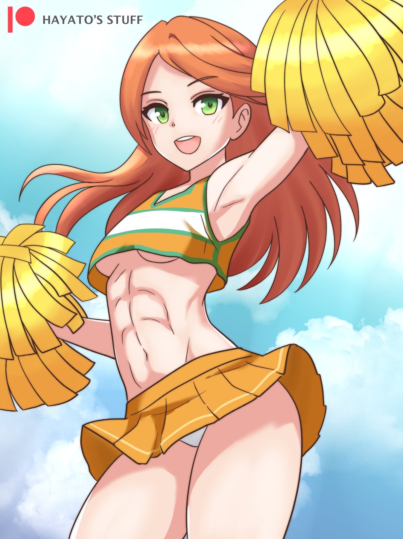 1girls abs alternate_costume armpits bare_midriff bare_thighs breasts cheerleader commission etie_(fire_emblem) female female_only fire_emblem fire_emblem_engage green_eyes hayato_stuff kyoka_jiro_(cosplay) long_hair looking_at_viewer midriff my_hero_academia nintendo open_mouth orange_hair panties pantyshot pantyshot_(standing) skirt_lift small_breasts smile solo thighs tomboy toned toned_abs toned_female underboob underwear upside-down white_panties