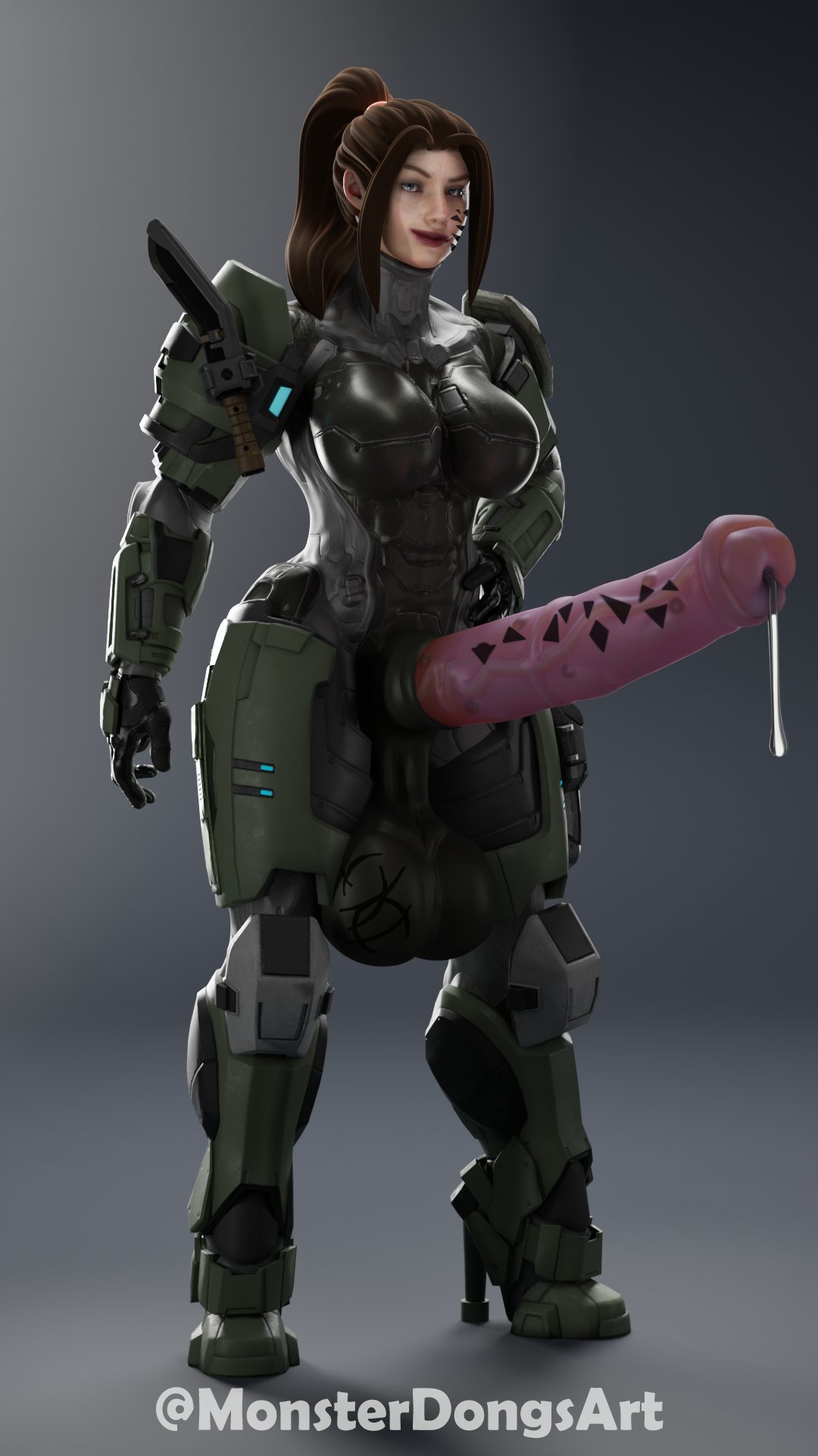 3d, armor, balls, brown hair, futa only, futanari, halo (series), heels, horsecock, intersex, large balls, large penis, monsterdongsart, penis, ponytail, precum, solo futa, spartan (halo), tattoo