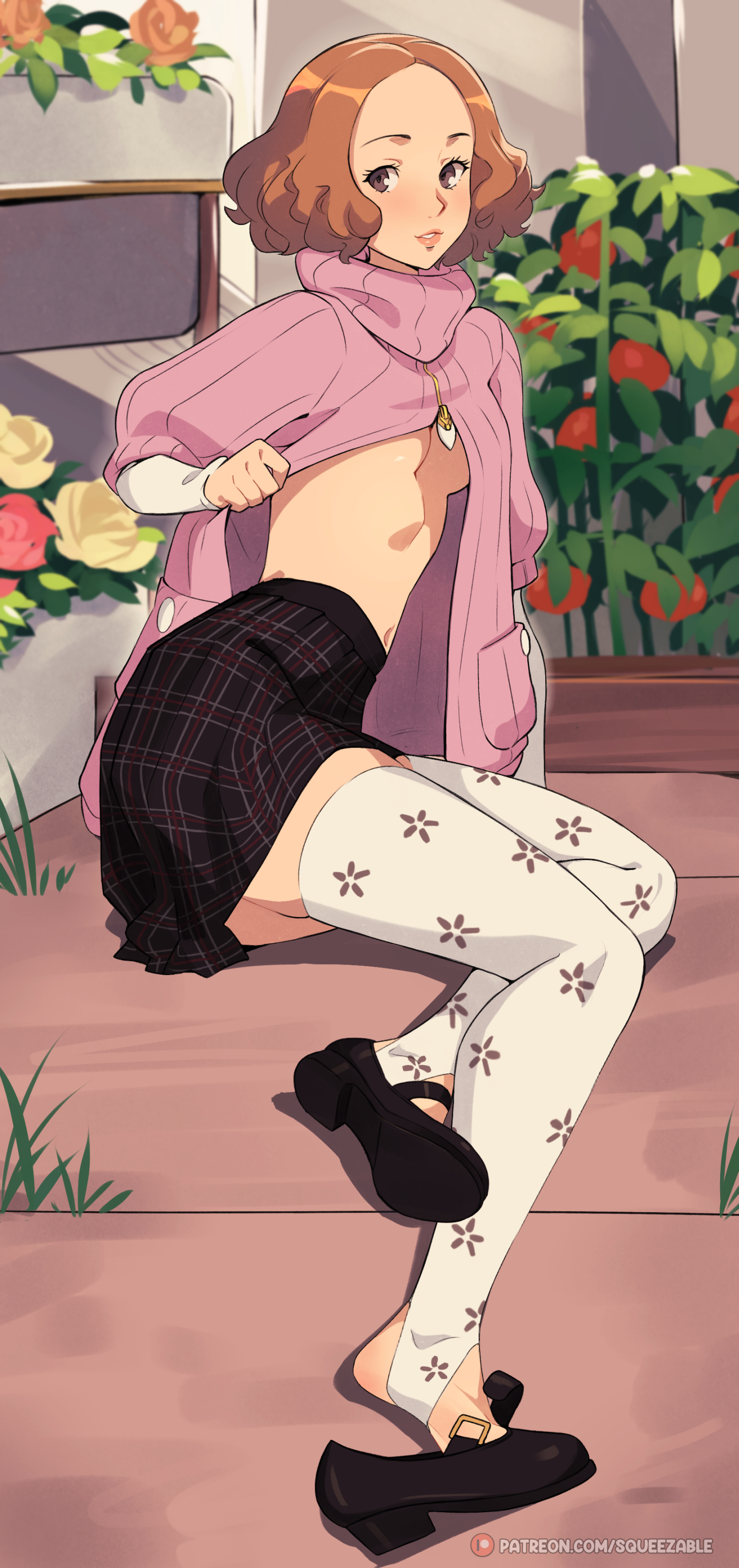 1girls, atlus, blush, breasts, female, female only, haru okumura, legwear, light skin, light-skinned female, mary janes, navel, open clothes, persona, persona 5, shoes, sitting, skirt, solo, squeezable, stirrup legwear, stockings, tagme, thighhighs, underboob, uniform