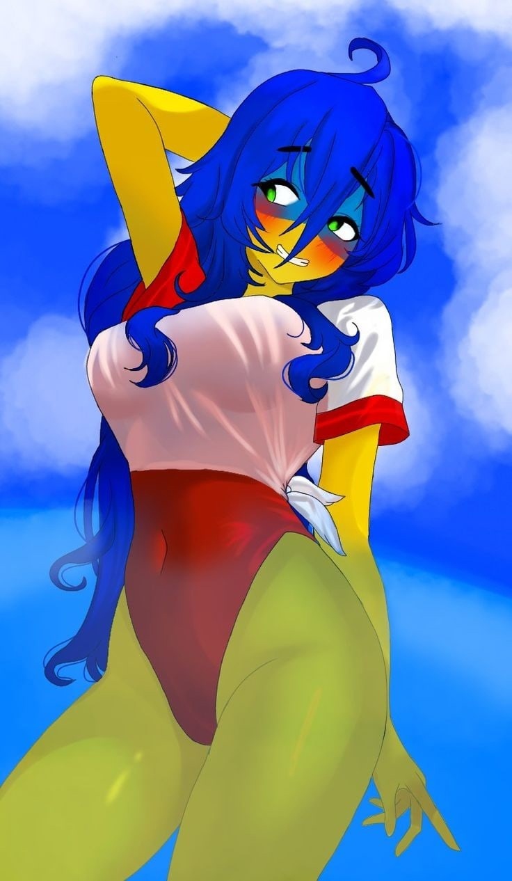 1girls, ahoge, arm behind head, arm up, beach, blue hair, blushing, clothing, cloud, countryhumans, countryhumans girl, covered navel, deep blush, embarrassed, eyebrows, eyelashes, female, flushed, green eyes, grin, hair between eyes, highleg, legs, long hair, looking to the side, lowres, partially submerged, partially underwater shot, pose, raised eyebrows, short sleeves, sky, slim, smooth skin, solo, thick eyebrows, thighs, tied shirt, ukraine (countryhumans), underwater, water, wavy hair, wet, wet clothes, white shirt, yellow body