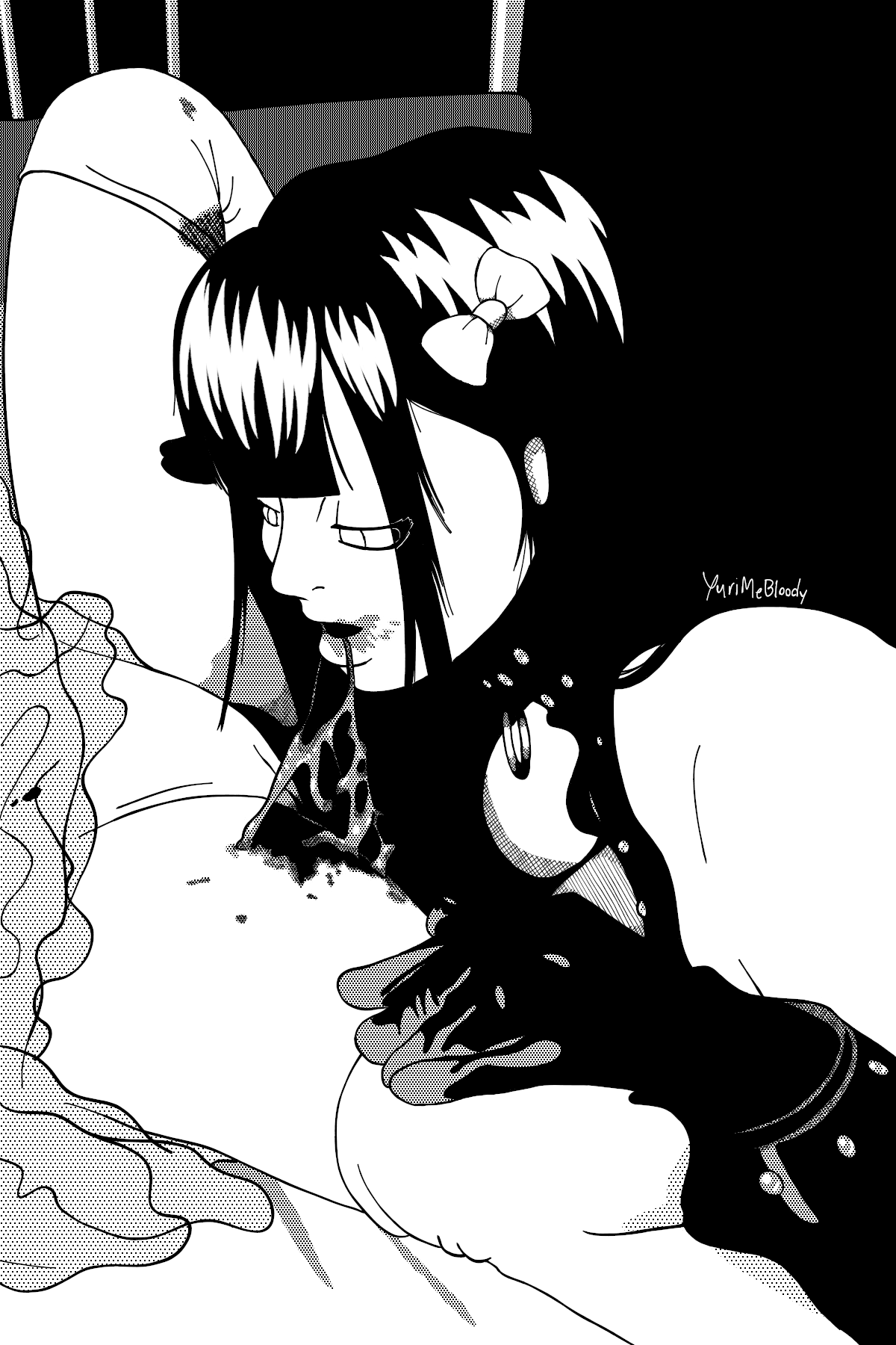 bed biting biting_thigh black_hair blood blood_on_face blood_stain bloodstain bow bow_in_hair cannibalism collar dominatrix dominatrix_outfit frills frilly_clothing gloves gore guro mai_chan mai_chan's_daily_life mai_chan's_daily_life:_the_movie manga_style miyako_(mai_chan's_daily_life) panties questionable_consent thighhighs uzigawaita white_panties white_thighhighs yuri yurimebloody