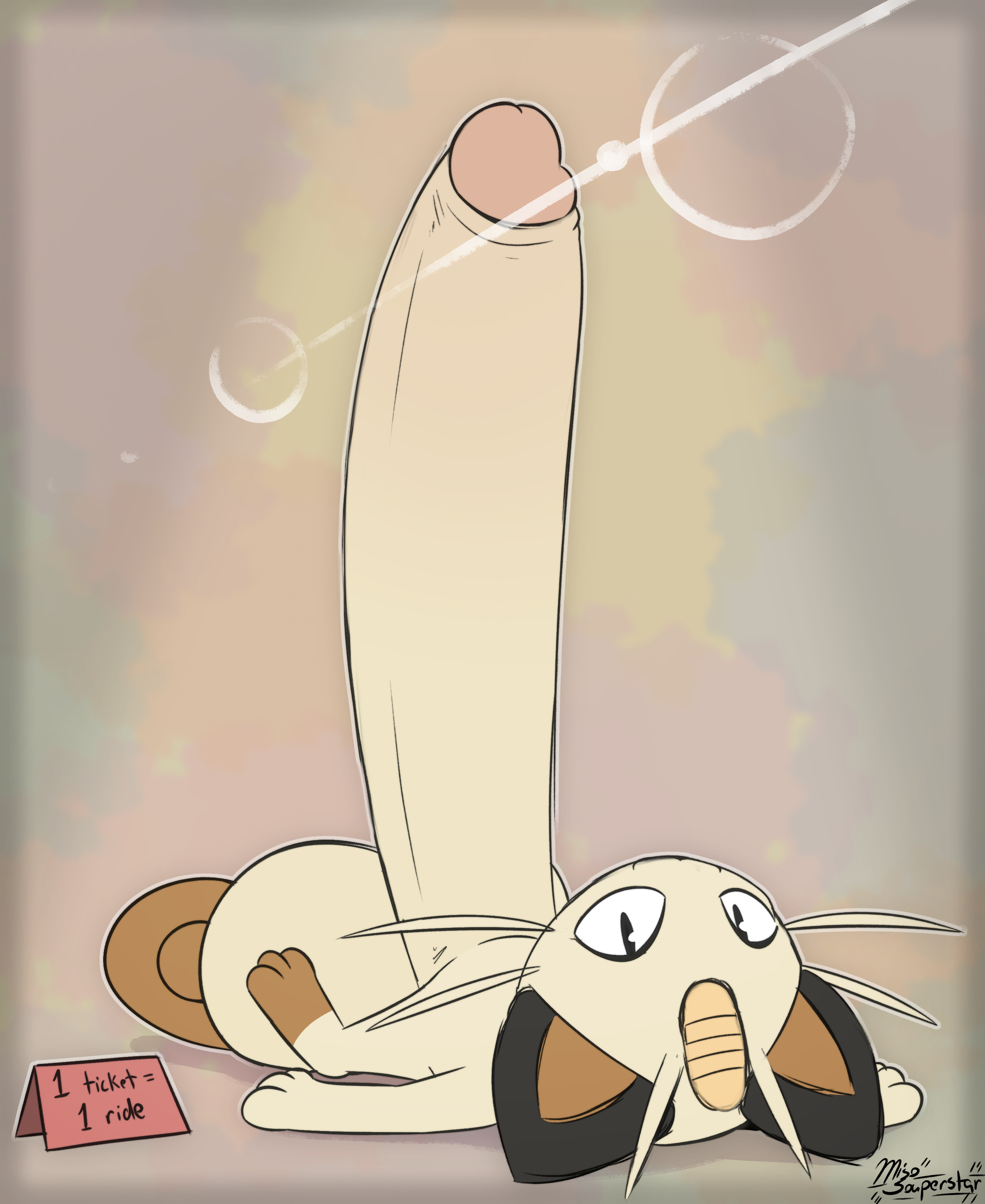 1boy, balls, big balls, big penis, foreskin, fur, furry, furry only, laying down, looking at viewer, male, male focus, male only, mammal, meowth, miso souperstar, nintendo, penis, pokemon, pokemon rgby, sketch, solo male, uncensored, uncircumcised, watermark, white fur