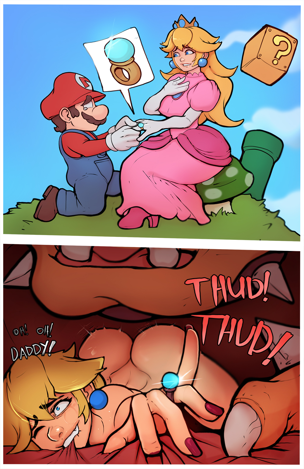 1girls 2boys 2koma ?_block ass big_ass bite biting_sheets bitting blonde_hair blue_eyes bowser brown_hair cheating cheating_wife comic crying daddy_kink duo face_down_ass_up fat_ass female from_behind front_view instant_loss_2koma male mario mario_(series) markydaysaid monster multiple_boys mushroom netorare nintendo on_bed one_eye_closed pleased plumber princess princess_peach proposal ring sex sheet_grab sheets super_mario_bros. tears tears_of_pleasure thick_ass warp_pipe wedding_ring