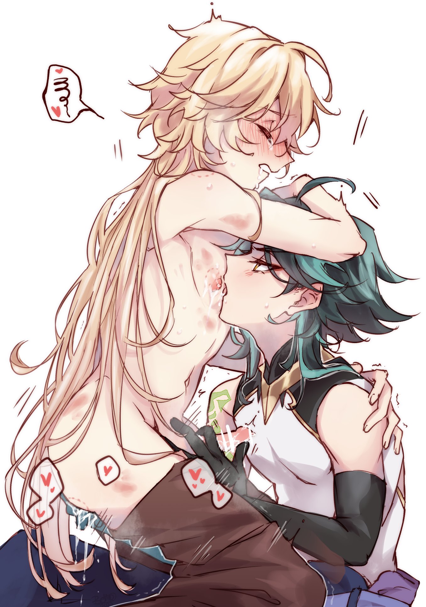 2boys, aether (genshin impact), bakumims, blonde hair, blush, censored, genshin impact, green hair, male, xiao (genshin impact), yaoi