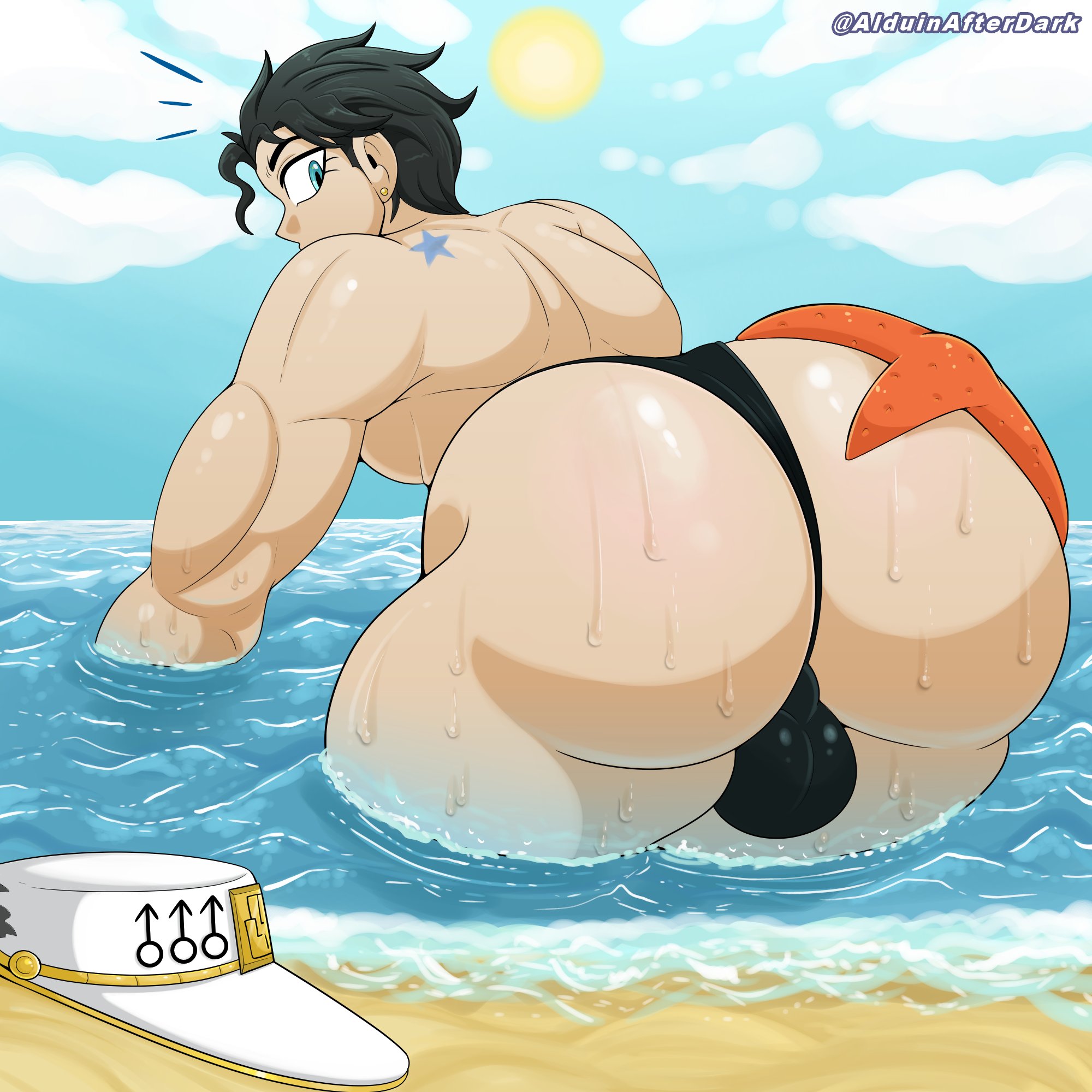 1boy, alduinafterdark, alduingijinka, ambush (trap), ass, backsack, balls, ballsack, bara, beach, big ass, big balls, big butt, big pecs, black hair, diamond is unbreakable, earrings, femboy, girly, hat, huge ass, huge butt, jojo's bizarre adventure, jotaro kujo, looking back, male, muscular, muscular male, pecs, shiny skin, solo, solo male, starfish, surprised, swimming, thick thighs, thong, wide hips, yaoi