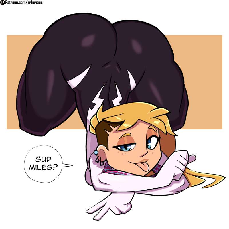 1girls, 2d, 2d (artwork), ass, ass focus, ass up, asymmetrical hair, blonde female, blonde hair, blue eyes, bodysuit, bottom heavy, bubble ass, bubble butt, butt focus, colored, costume, dialogue, ear piercing, fat, female, female focus, female only, gwen stacy, looking at viewer, marvel, marvel comics, miles morales, offscreen character, piercing, shaved side, short hair, shortstack, spider-gwen, spider-man, spider-man (series), spider-man: into the spider-verse, superheroine, teasing, teenager, thick thighs, thighs, tongue, tongue out, top-down bottom-up, v, zrfurious