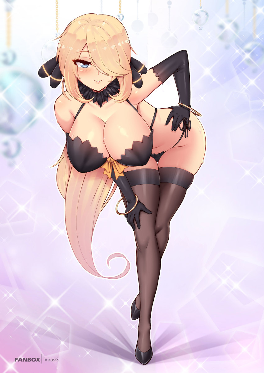 1girls, black bra, black gloves, black lingerie, black panties, black stockings, black underwear, blonde, blonde female, blonde hair, blonde-haired female, bra, cynthia (pokemon), elbow gloves, female, female focus, female only, game freak, gloves, grey eyes, hair covering eye, hair covering one eye, hair over eye, hair over one eye, heels, high heels, leaning forward, lingerie, looking at viewer, mature female, nonude, panties, pokemon, pokemon dppt, smirking, smirking at viewer, solo, solo female, solo focus, stockings, thighhighs, underwear, virus-g