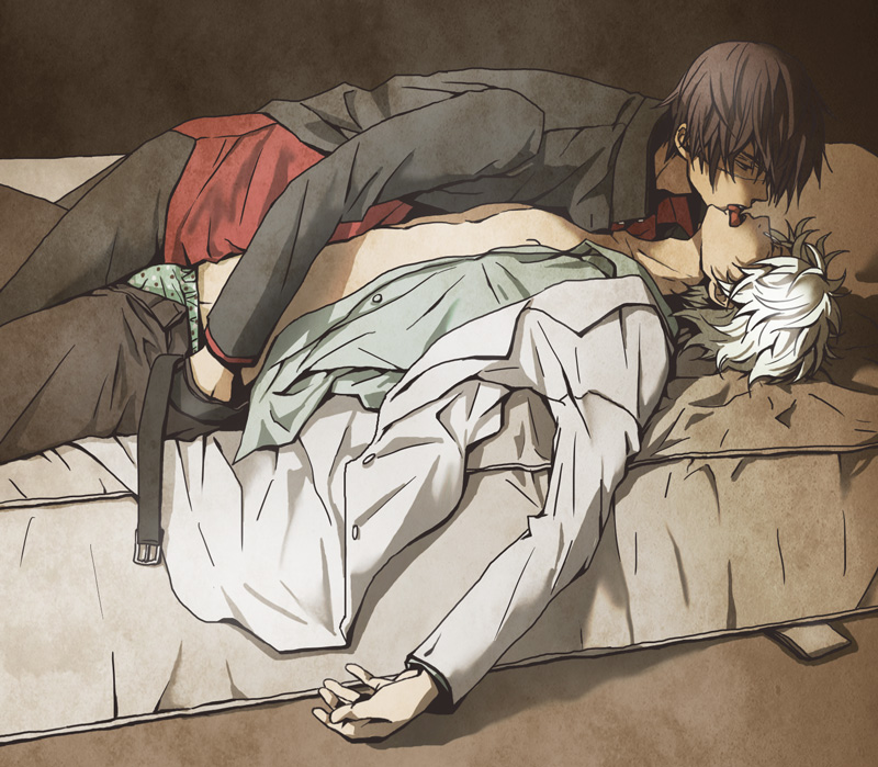 2boys class_3-z clothed clothing dark_purple_hair eye_patch french_kiss gakuran gay gintama gintoki_sakata glasses hand_in_pants kissing labcoat male male_only official_alternate_costume on_back on_bed on_side open_pants open_shirt school_uniform takasugi_shinsuke teacher teacher_and_student tongue_out tossy unbuckled_belt underwear white_hair yaoi