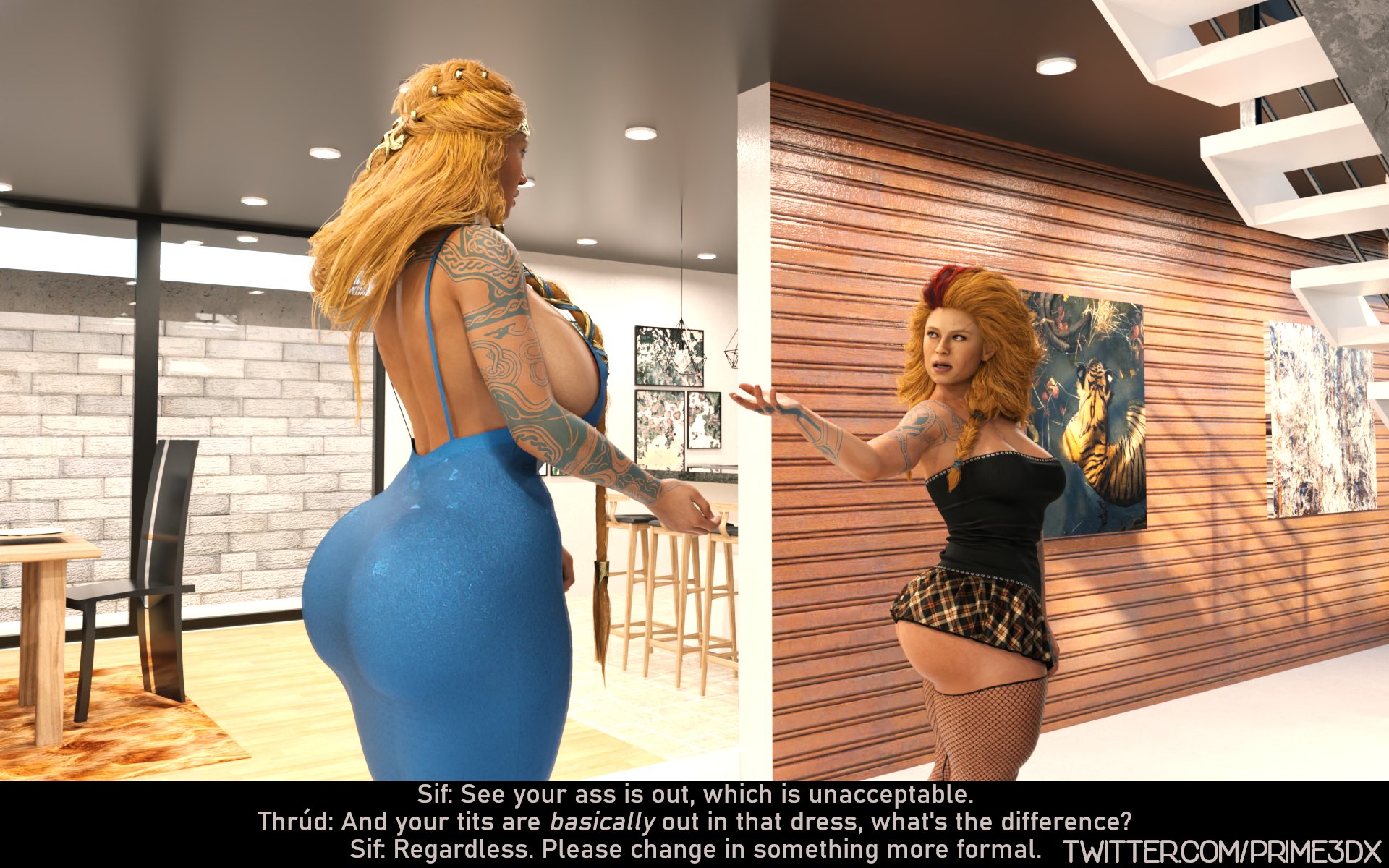 2girls, 3d, aesir (norse mythology), ass, athletic, athletic female, big ass, big breasts, blonde hair, blue eyes, bottom heavy, braided hair, breasts, busty, cleavage, curvaceous, curvy, curvy figure, daughter, european mythology, eyebrows, eyelashes, eyes, female, female focus, female only, fit, fit female, god, god of war, god of war ragnarok, goddess, hair, hips, hourglass figure, huge breasts, human, humanoid, large breasts, legs, light skin, light-skinned female, lips, long hair, mature, mature female, milf, mother, mother and daughter, mythology, norse mythology, playstation, prime3dx, santa monica studio, sif (god of war), sony, sony corporation, sony interactive entertainment, tattoo, tattooed arm, tattoos, thick, thick legs, thick thighs, thighs, thrud (god of war), toned, toned female, top heavy, twitter username, voluptuous, wide hips