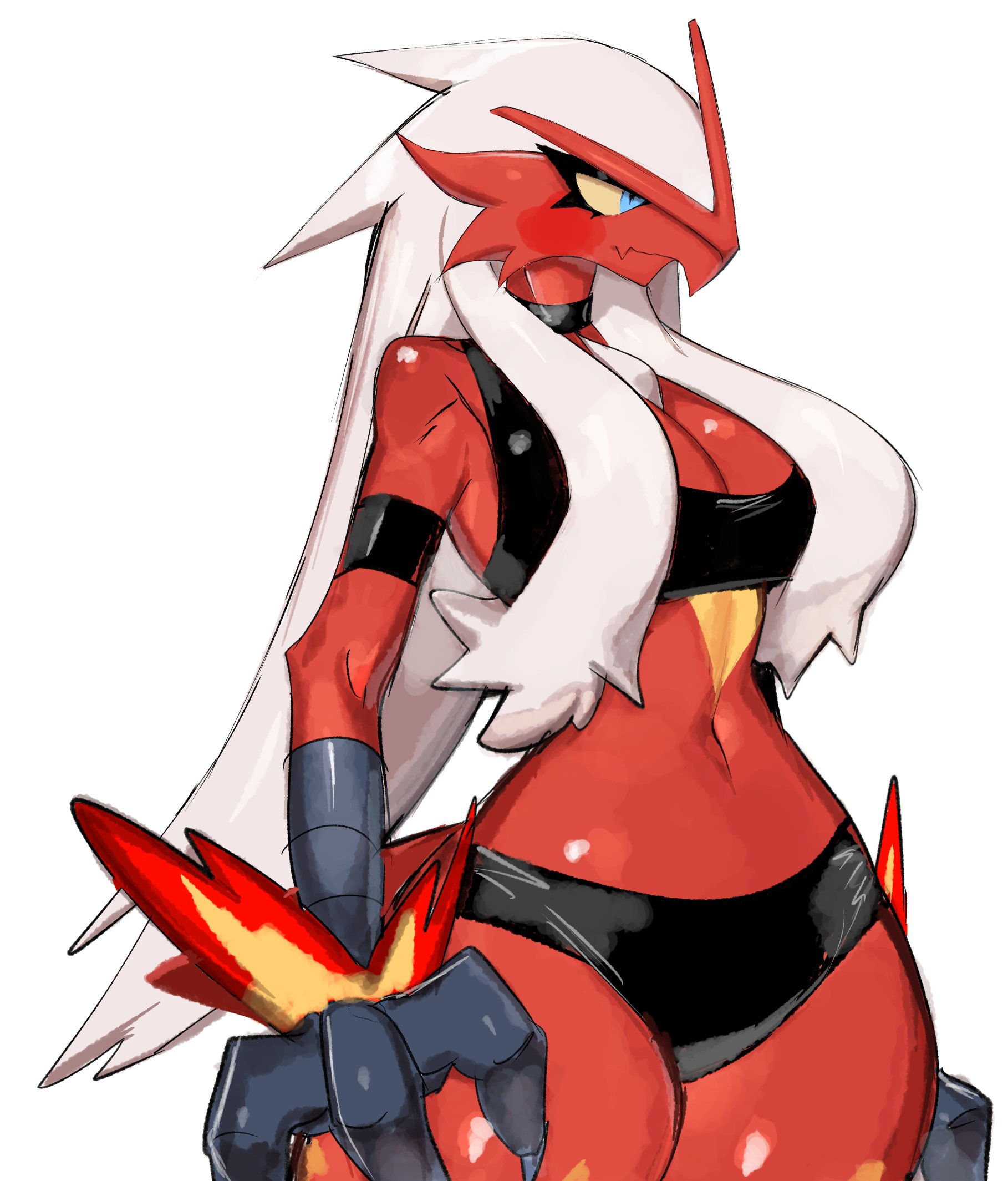 anthro, anthrofied, big breasts, blaziken, breasts, cleavage, clothing, female, fur, furry, furry only, nintendo, pokemon, pokemon (species), solo, thick thighs, usa37107692, wide hips