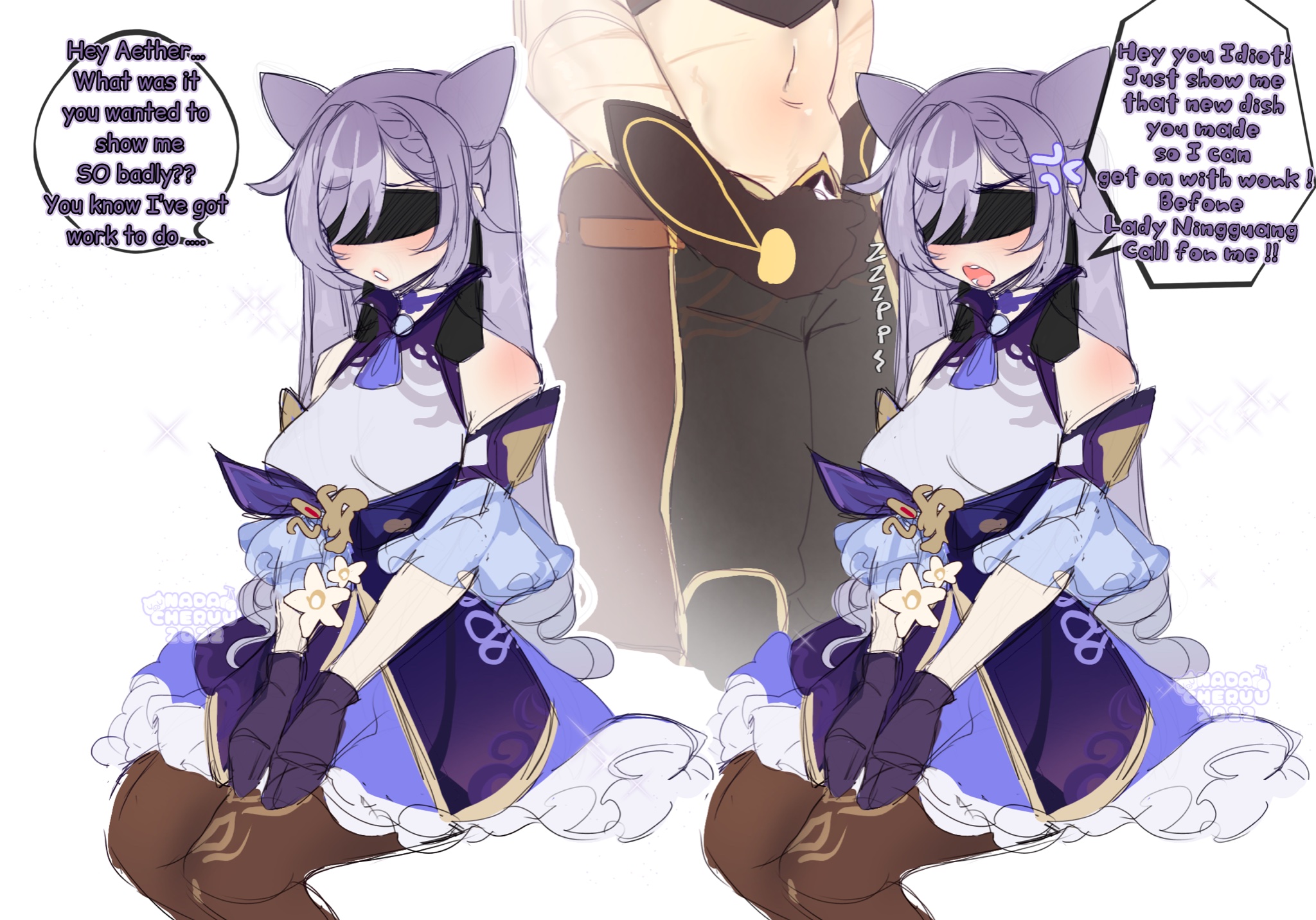 aether (genshin impact), blindfold, english text, female, fully clothed, genshin impact, imminent sex, keqing (genshin impact), nadacheruulewd, unzipping