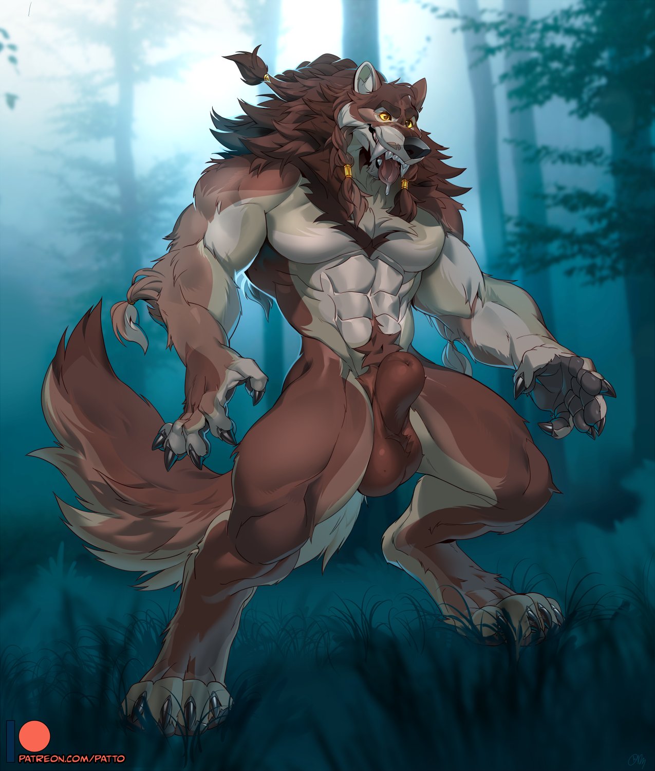 2023 abs animal_genitalia anthro arm_tuft balls biped bodily_fluids brown_balls brown_body brown_fur brown_hair brown_sheath canid canine claws digital_media_(artwork) digitigrade elbow_tuft fangs forest forest_background fur genitals hair hi_res male mammal muscular muscular_anthro muscular_male nature nature_background nude original_character outside patto paws pecs plant saliva sheath solo teeth toe_claws tongue tongue_out tree tuft were werecanid werecanine werewolf white_body white_fur yellow_eyes