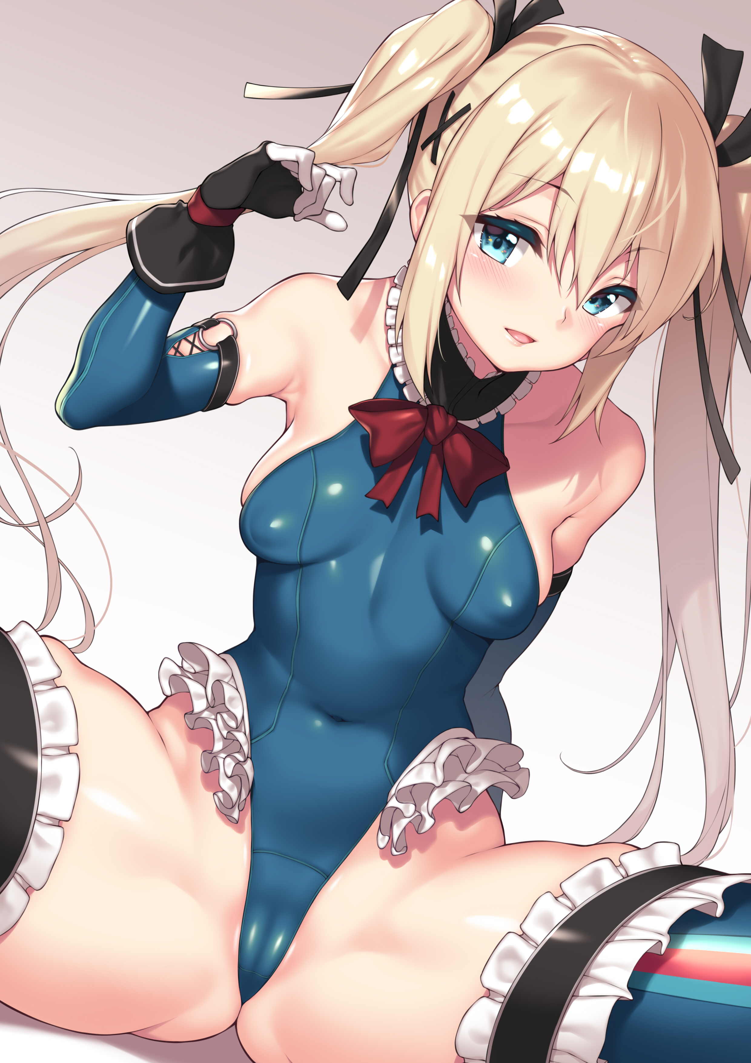 1girls, armpits, blonde hair, blue eyes, bowtie, dead or alive, elbow gloves, female, frilled legwear, frilled leotard, frills, fuya (tempupupu), leotard, light skin, light-skinned female, long gloves, looking at viewer, marie rose, marie rose (devilish servant against the splashing waves), nipples visible through clothing, petite, pussy, pussy visible through clothes, seductive, seductive smile, smile, solo, spread legs, stockings, teenage female, teenager, thighhighs, tight clothing, twintails