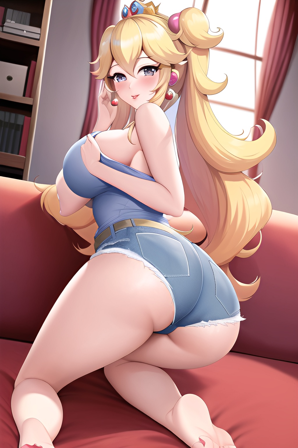 ai generated, ass, big ass, blonde hair, blue shorts, female, jean shorts, jeans, mario (series), pants, princess peach, shorts, stable diffusion