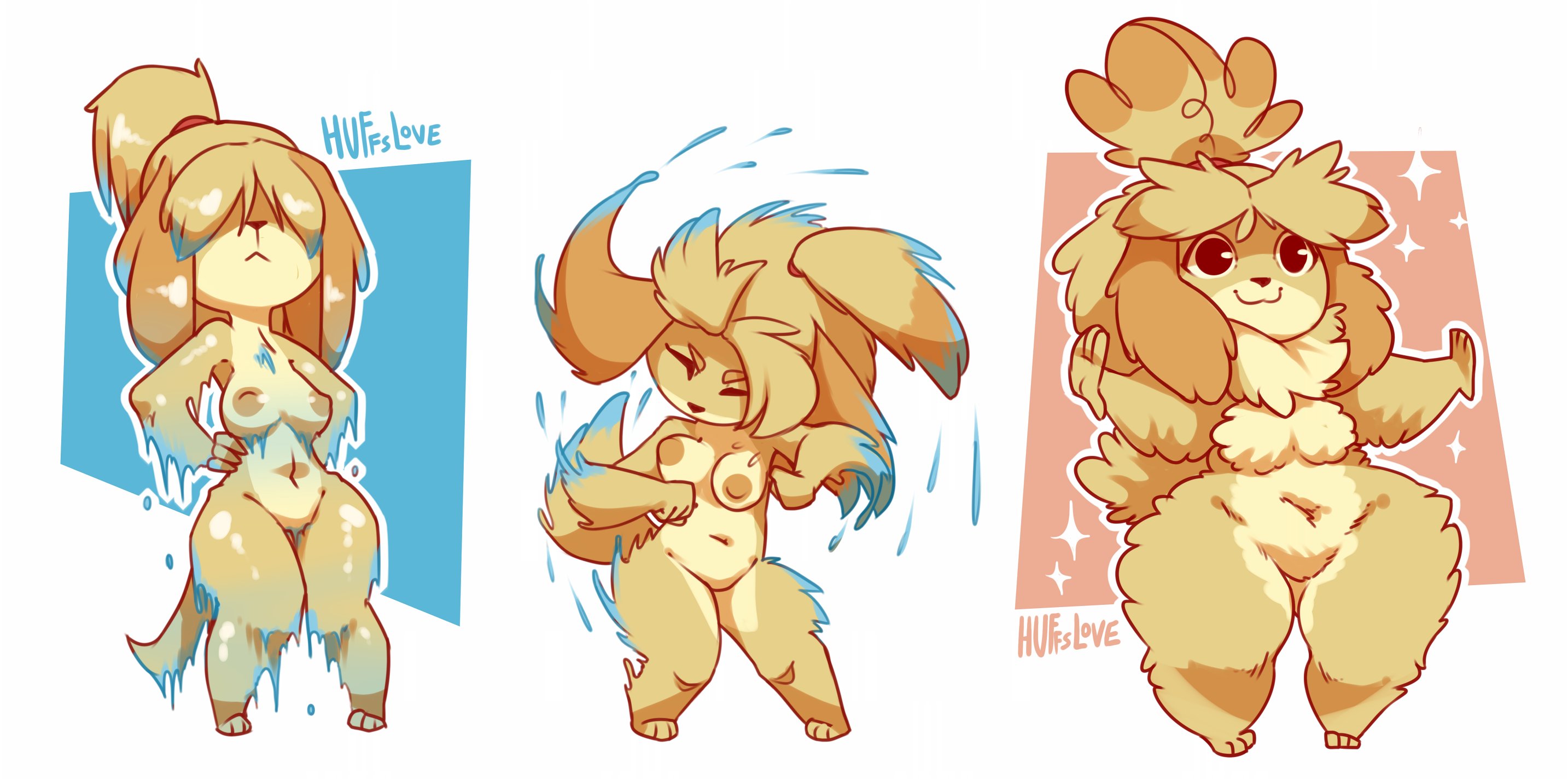 :<, adorable, animal crossing, anthro, breasts, canid, canine, canis, cute, female, fur, furry, furry only, hi res, huffslove, isabelle (animal crossing), nintendo, nipples, nude, pussy, solo, tail, wet