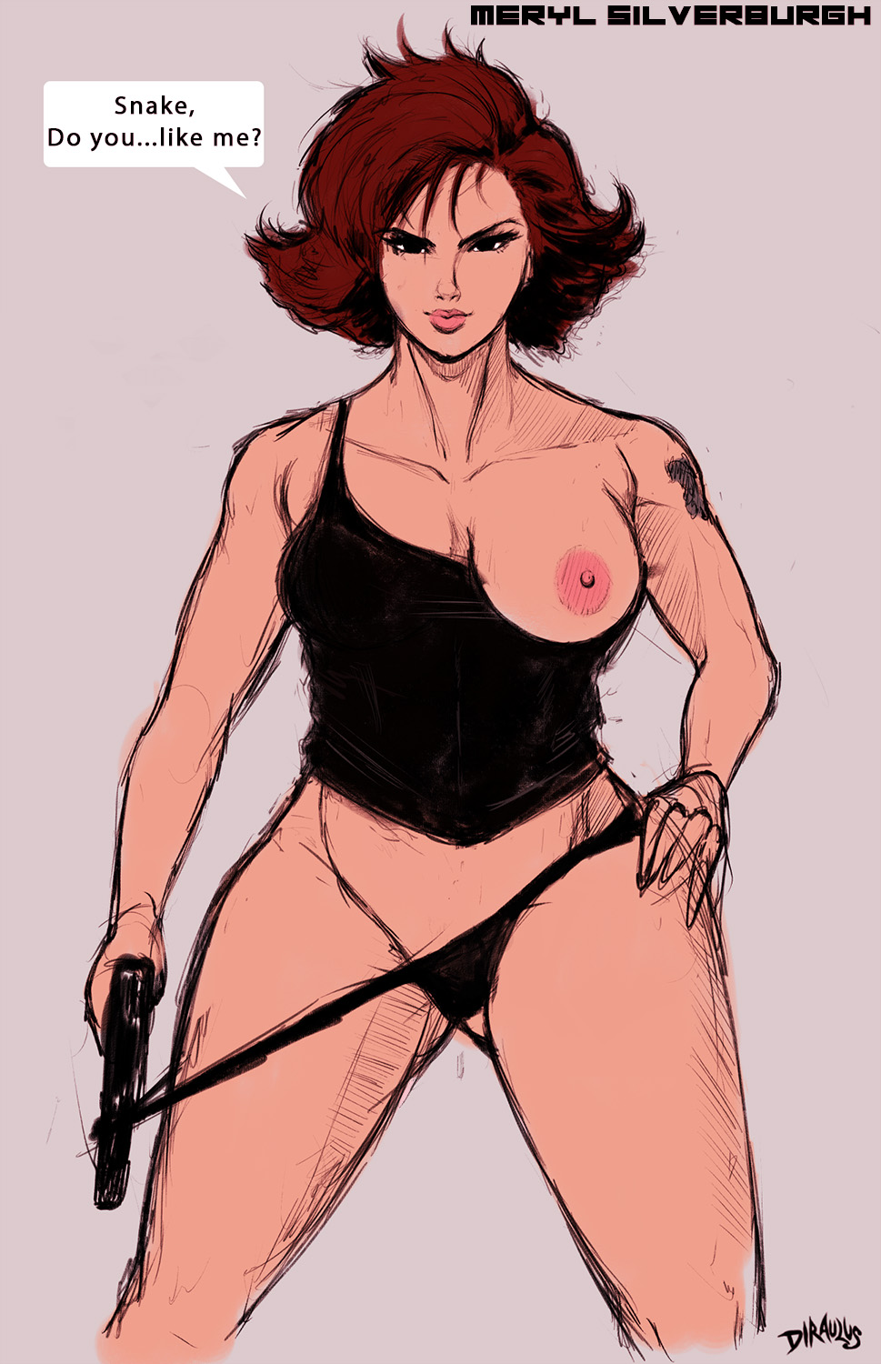 blue_eyes diraulus gun looking_at_viewer meryl_silverburgh metal_gear_solid muscular_female nipples red_hair smirk tattoo tomboy undressing