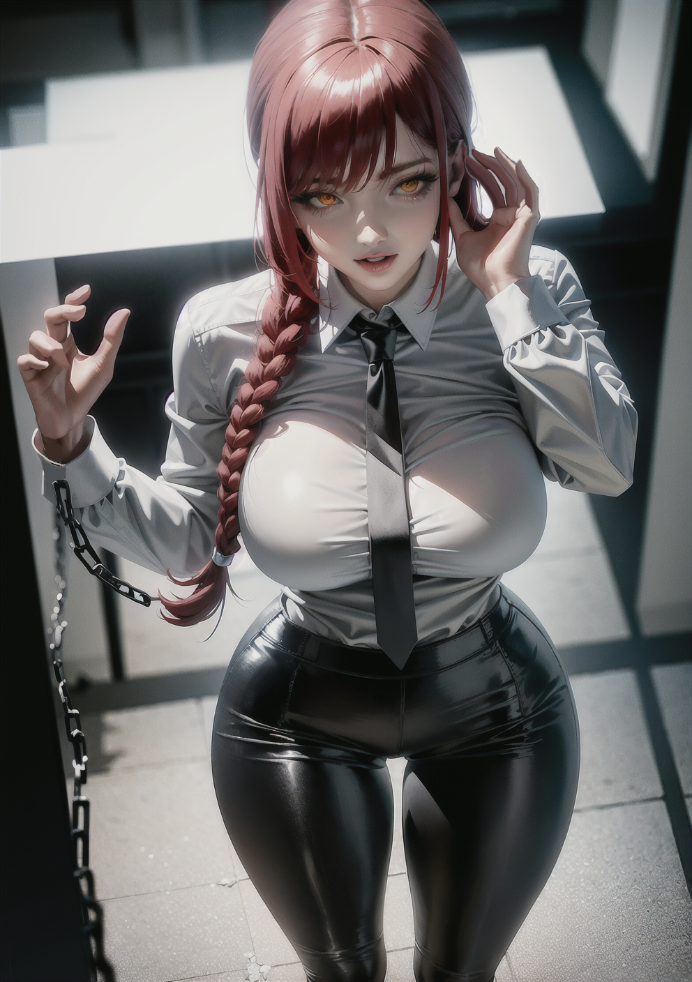 1girls, ai generated, breasts, chainsaw man, curvy, curvy body, curvy female, curvy figure, female, hi res, huge breasts, leather, long hair, looking at viewer, makima (chainsaw man), office lady, red hair, seductive look, stable diffusion, suit