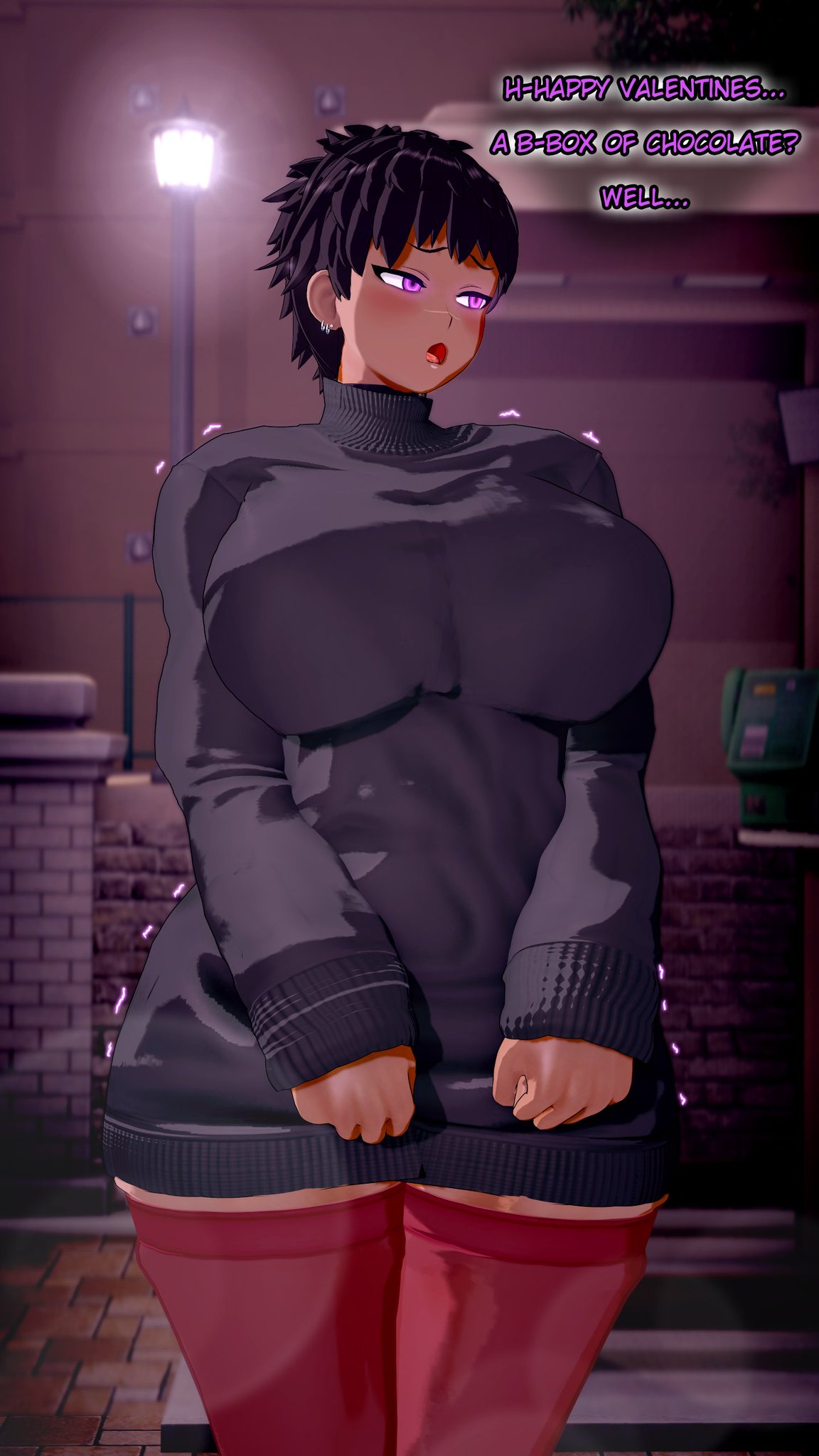 big_breasts black_hair black_sweater camellia_(valiance) dark_skin earrings nervous original_character pink_eyes pink_thighhighs shaking short_hair tomboy valentine's_day valiance