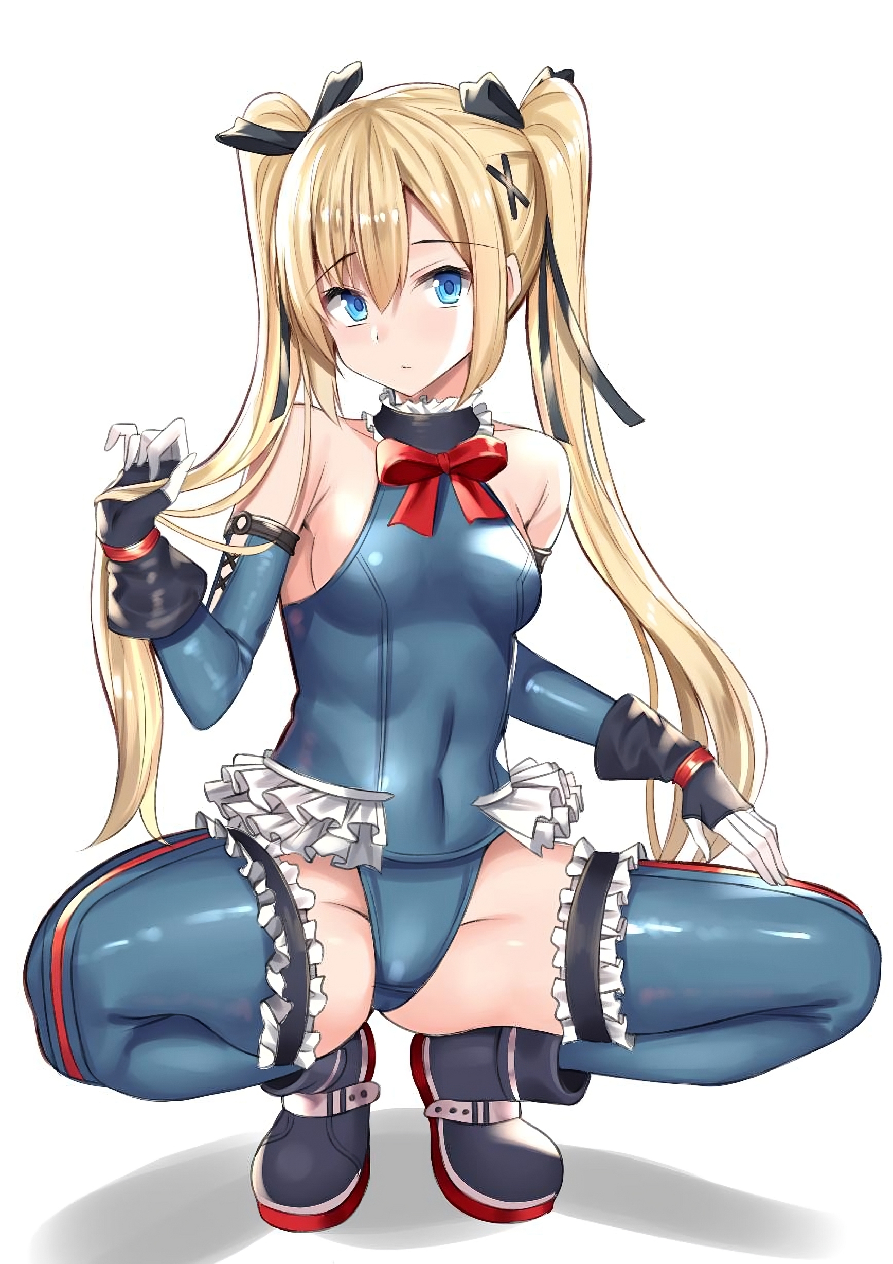 1girls, artist request, bangs, bare shoulders, black ribbon, blonde hair, blue eyes, blue one-piece swimsuit, blue thighhighs, blush, breasts, closed mouth, covered navel, dead or alive, dead or alive 5, detached sleeves, female, frilled swimsuit, frills, full body, hair between eyes, hair ornament, hair ribbon, highleg, highleg swimsuit, holding, holding hair, leotard, long hair, looking at viewer, marie rose, marie rose (devilish servant against the splashing waves), one-piece swimsuit, ribbon, shoes, simple background, skin tight, small breasts, solo, spread legs, squatting, swimsuit, thighhighs, twintails, white background, x hair ornament