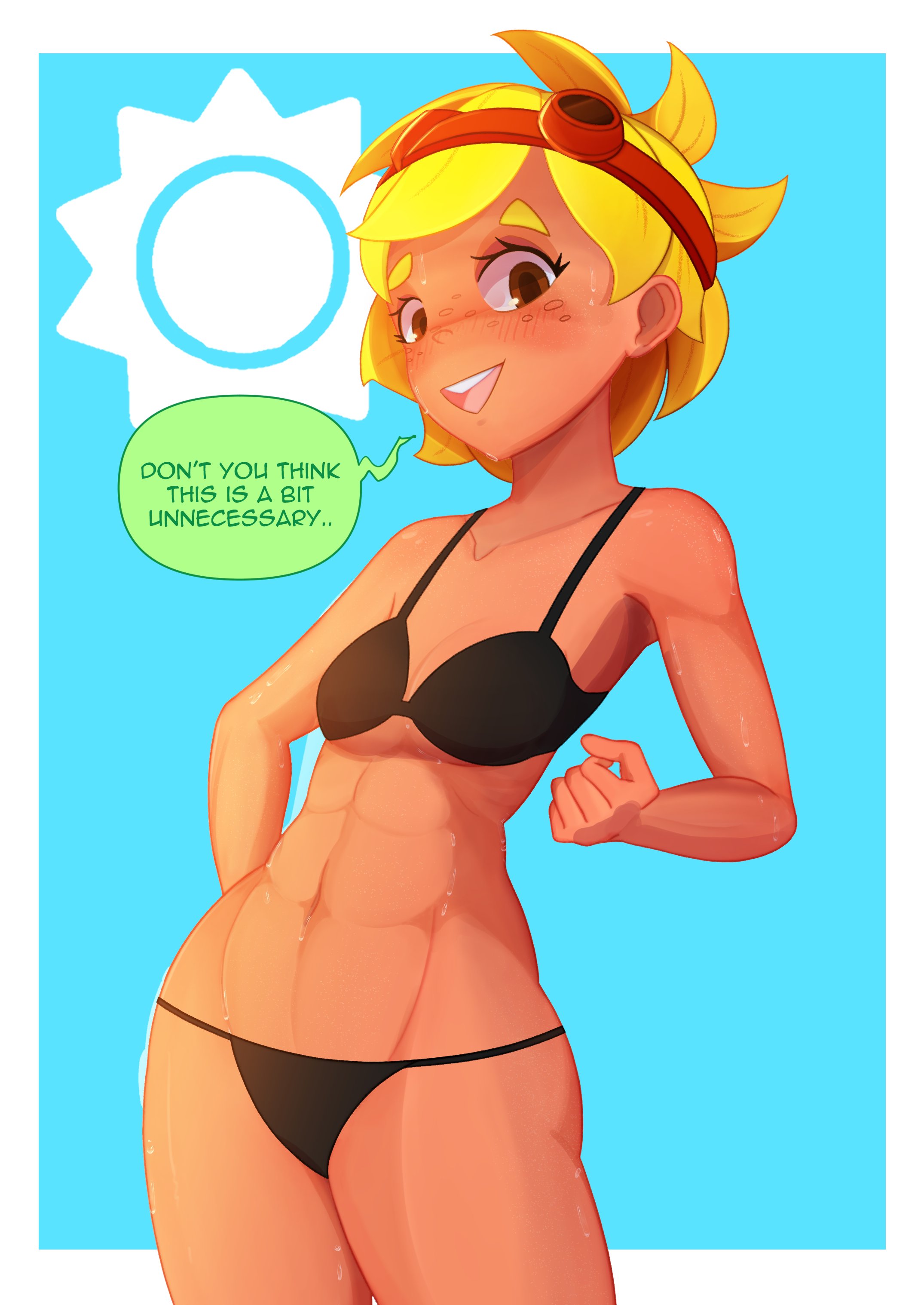 black bra, black panties, black topwear, blonde hair, cyannarra, dialogue, embarrassed, female, flushed, humanized, plants vs zombies, plants vs zombies: heroes, solar flare (peargor), solar flare (pvz), sunflower (pvz), tomboy, worried expression