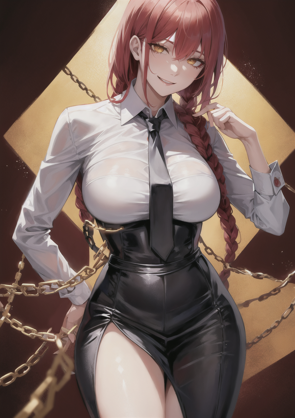 ai generated, breasts, chainsaw man, curvy, curvy body, curvy female, curvy figure, female, hi res, huge breasts, leather, long hair, makima (chainsaw man), red hair, seductive look, stable diffusion, voluptuous, voluptuous female